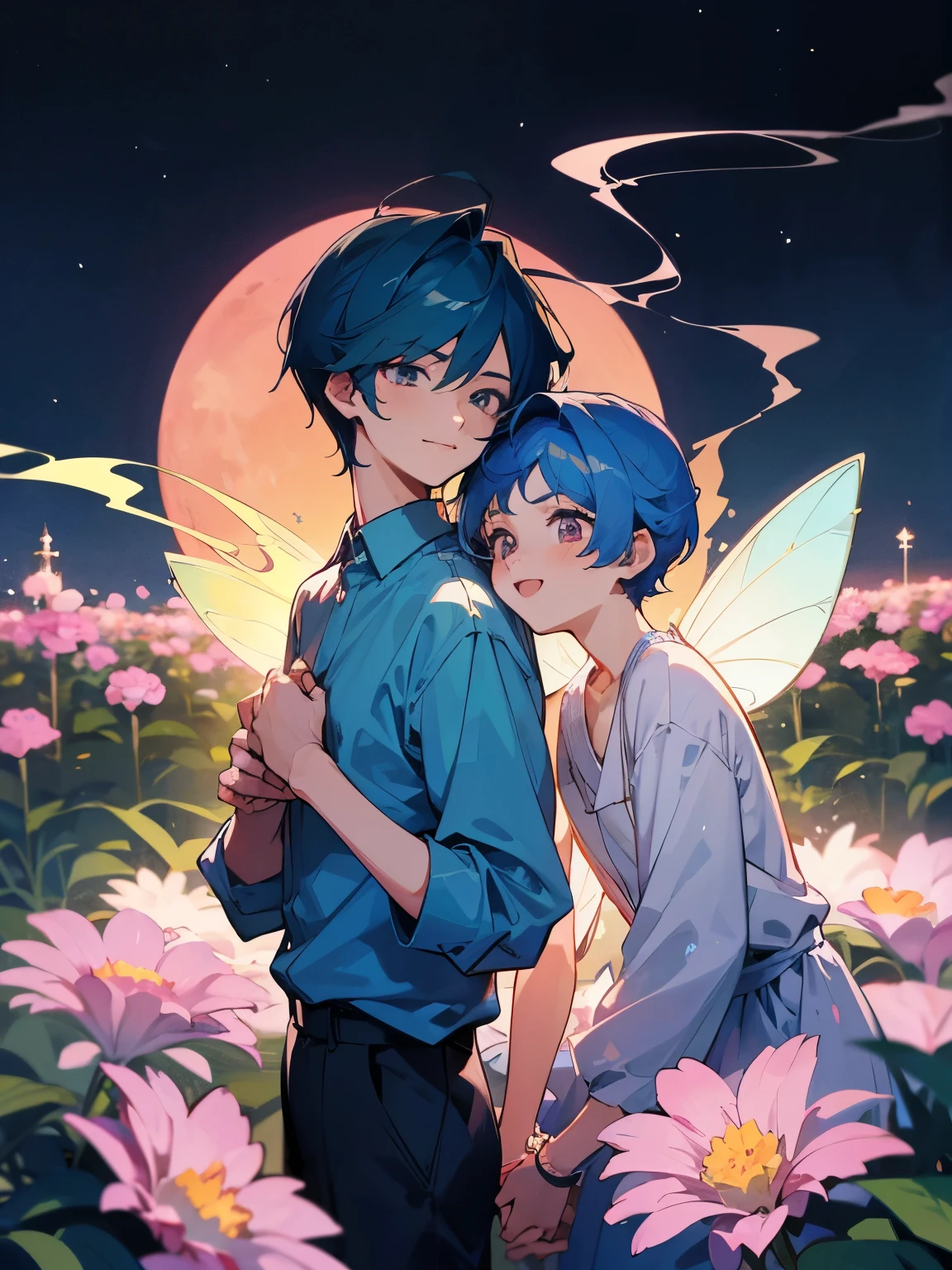 cartoon of two boys in cool positions standing close together, ddlc, in the art style of 8 0 s anime, 9 0 s anime style, 90s anime style, in anime style, in an anime style, anime aesthetic, anime vibes, 9 0 s anime aesthetic, 9 0 s anime art style, lofi boys, beautiful background outside, background at night with stars and a moon, fairy lights, beautiful background in a floral garden with fairy lights at night, two cute boys, beautiful faces, two boys, don't extra hands, NO extra hands, generate two boys with NO extra hands, NO extra arm, the two boys has a short hairstyle, one boy has blue hair, the other boy has black hair, pretty faces, two cute pretty boys in a smoking dress, with amazing smile, the two boys has a pretty smile,