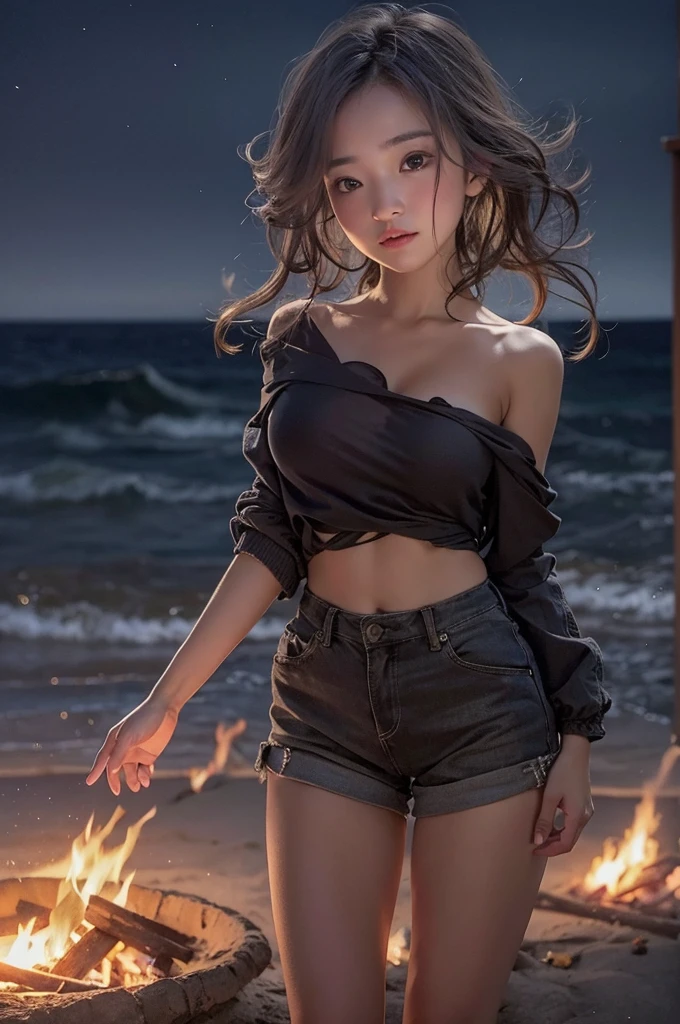 Filming location: Beach at night、Hairstyles around the campfire: Soft curl down style pose: Dressed to smile and talk with friends around a bonfire: Casual long sleeve top and shorts(16k, RAW Photos, highest quality, High resolution, ), (I can see a little bit of nipple swelling through my clothes.)High-definition RAW color photos, Professional photos, (Layered silhouette: 1.2), Complex patterns, , (Realistic, photoRealistic: 1.3), ( Japanese Girls), , Big breasts Very firm breasts、Non-sagging breasts、Showing cleavage。Too much exposure、(NSFW)Shine, (Detailed face: 1.2), (masterpiece: 1.5),Fine-grained beautiful skin, (cute:1.2), (sexy) (highest quality :1.2),((A girl, 1 girl : 1.3), solo, solo focus))、(One head according to human anatomy、Two Arms、Two Legs、Five Fingers)
「No deformed or unnatural body parts,A completely normal human body type」「A depiction of a woman that is faithful to human anatomy」、(A representation of a healthy, balanced and vibrant woman)