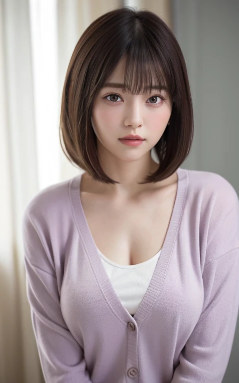 masterpiece, highest quality, 8k, 20th Generation, Large Breasts, cute, alone, sad,cute、lonely、 cute, Girlish, Delicate girl, Pure beauty,  RAW Photos, Professional photography, Head to knee photo、, Soft Light, Professional Lighting, Backlight, Upper Body, avert your eyes, Sophisticated, Film Grain, (Eyes and facial details:1.0), Short floating hair, Beautiful, flowing hair, bangs, T-shirt and greyish lilac cardigan、(Large Breasts:1.0)、Saggy breasts、You can see a little bit of the chest、Voluptuous thighs