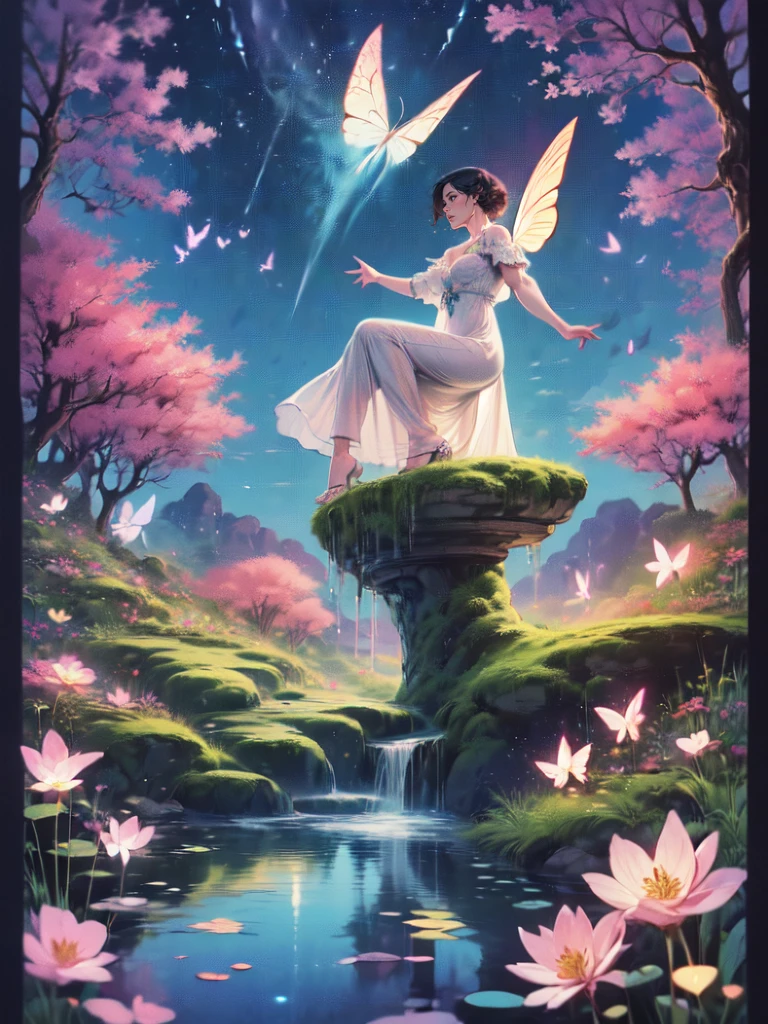 ((best quality)), ((masterpiece)), (detailed), ethereal beauty, perched on a pink blossom tree, (fantasy illustration:1.3), enchanting gaze, captivating pose, solo girl, delicate butterfly wings, otherworldly charm, mystical sky, (Luis Royo:1.2), (Yoshitaka Amano:1.1), moonlit night, soft colors, (detailed cloudscape:1.3), (high-resolution:1.2) (dragon flying in the sky) long white dress, legs dangling above pond, long victorian dress,