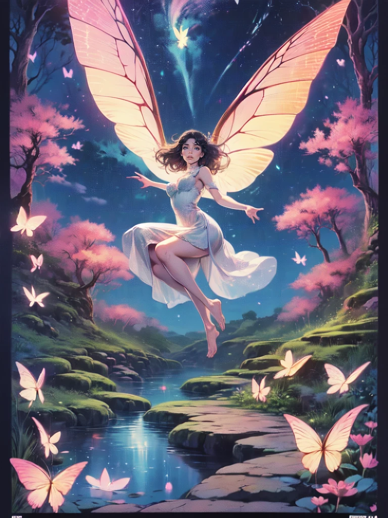 ((best quality)), ((masterpiece)), (detailed), ethereal beauty, perched on a pink blossom tree, (fantasy illustration:1.3), enchanting gaze, captivating pose, solo girl, delicate butterfly wings, otherworldly charm, mystical sky, (Luis Royo:1.2), (Yoshitaka Amano:1.1), moonlit night, soft colors, (detailed cloudscape:1.3), (high-resolution:1.2) (dragon flying in the sky) long white dress, legs dangling above pond, long victorian dress,