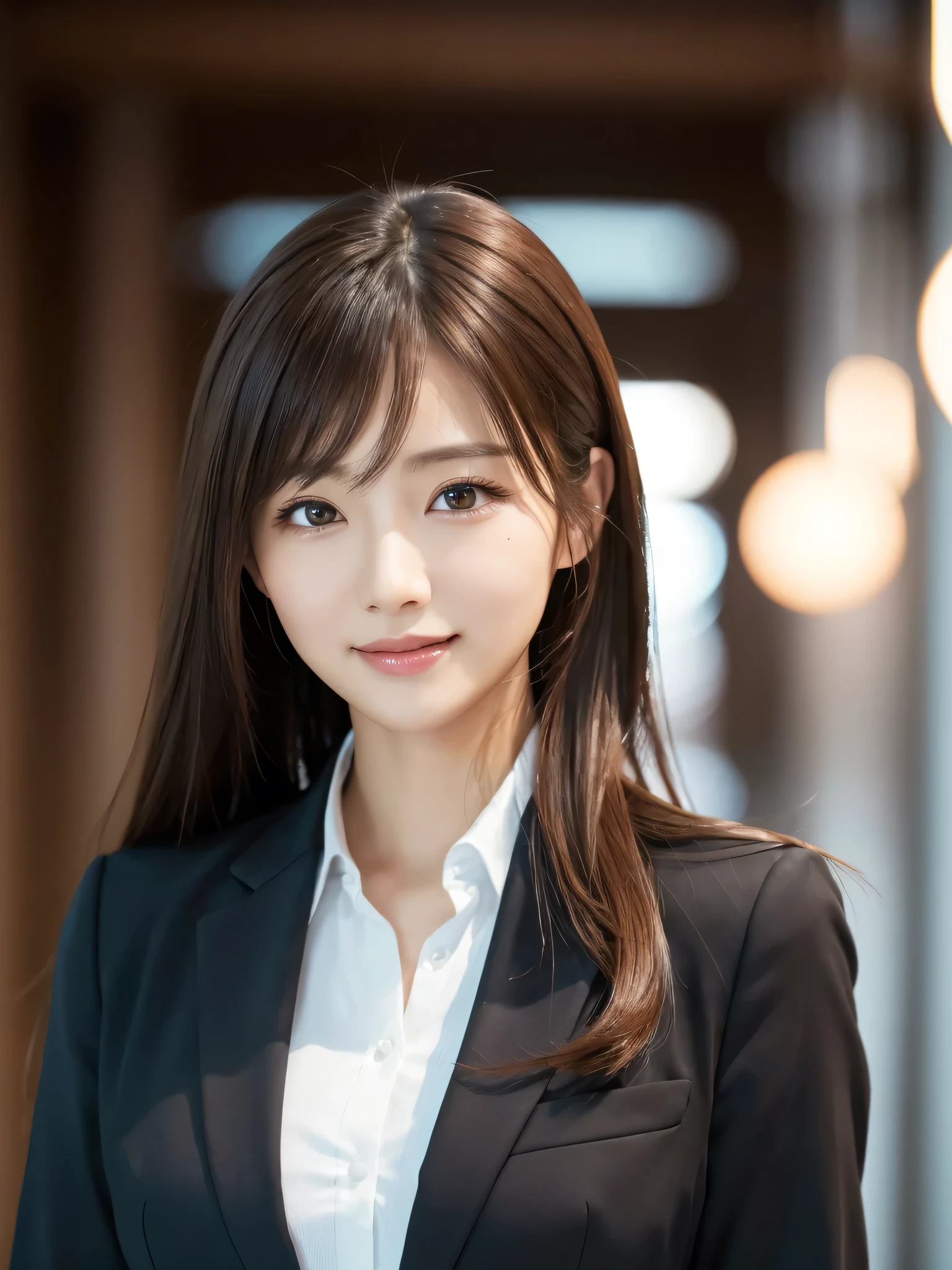 table top、highest quality、genuine、Super detailed、finely、High resolution、8k wallpaper、one beautiful woman、、、light brown disheveled hair、wearing a business suit、sharp focus、perfect dynamic composition、beautiful and detailed eyes、thin hair、Detailed genuine skin texture、smile、model body shape、In Tokyo at morning、