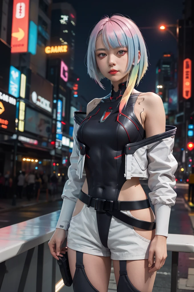 masterpiece, best quality, highres, lu1, cyborg, multicolored hair, makeup, bare shoulders, black leotard, highleg leotard, (thong:1.1), white jacket, open jacket, belt, shorts, cowboy shot, cyberpunk, standing,