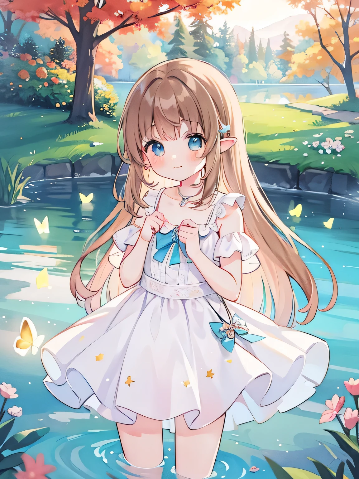 Watercolor illustration, Bright pastel colors, dream, rich and colorful, Fantastic, magic, masterpiece, best quality, Clear focus, Complex environment, Fine details, 8k resolution, Fall lagoon, (magic lagoon), (Fall, lake), Glowing lights, firefly, Glowing Butterfly, fairy tale creatures, a glowing fairy, beautiful girl，Wearing a sparkling delicate white dress, brown hair, blue eyes