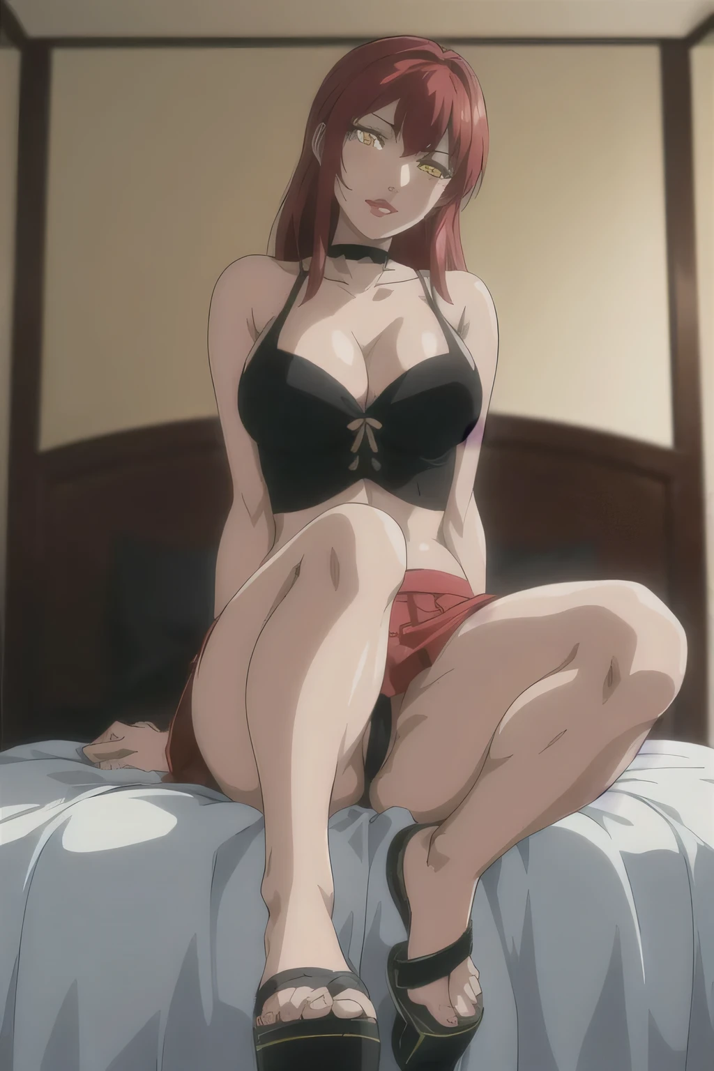 masterpiece, best quality, highres, 2 girls, hirokotakashiro, micro ruffle skirt, black off shoulder crop top , bedroom, full body shot, (smug:0.3), looking at viewer, focus solo, sexy pose, crossing legs, mature, flip flops, detailed feet, busty, cleavage, redhead, seductive, dangling shoes, red eyeshadow, glossy lips, black choker, long hair, sitting on bed, complete body, seducing, yellow eyes, kissing, kneeling,