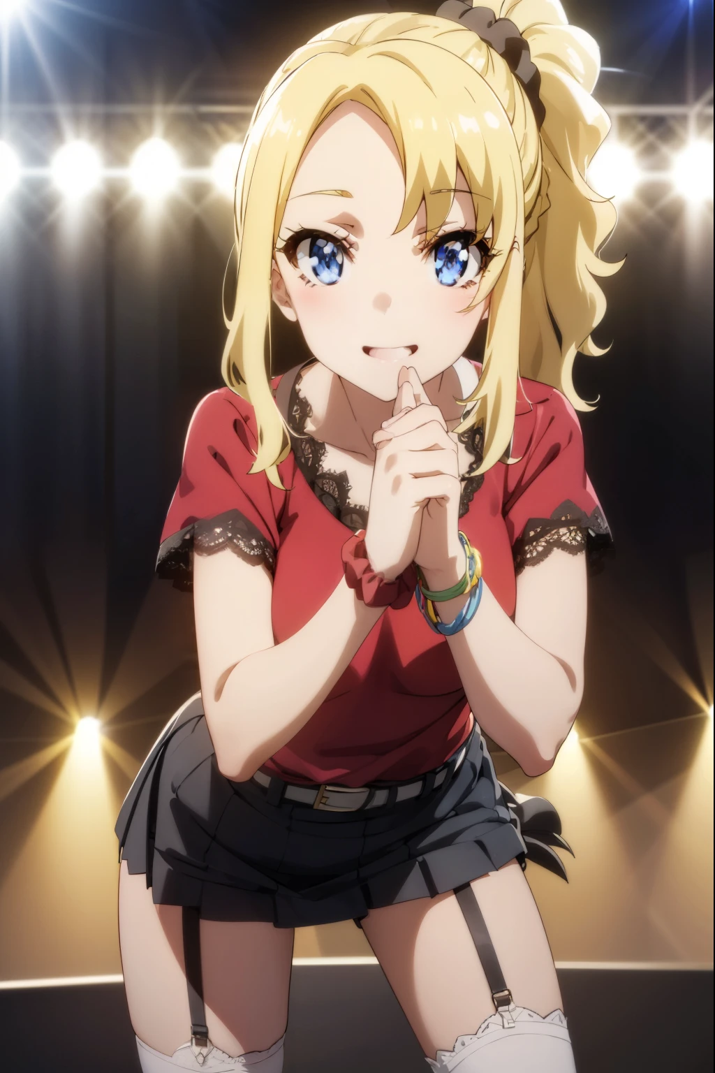 nodokatoyohama, nodoka toyohama, bangs, blue eyes, Blonde, hair ornaments, Side Lock, Side Ponytail, Scrunchie, hair Scrunchie, blue Scrunchie, Braiding, smile, Open your mouth,(((lift skirt,white lace panties))),hold mic,stage lighting,(((all fours,clawing))),
break skirt, shirt, Knee socks, Have, jewelry, belt, black Knee socks, bracelet, Garter Straps, mini Have, top Have, Layered skirt, Idol, mini top Have, (red shirt:1.2), clavicle,
break indoors, concert,
break looking at viewer, (Cowboy Shot:1.5),
break masterpiece ,8k unity wallpaper,anime key visual,highest quality, High resolution, unity 8k wallpaper, (shape:0.8),anime coloring,highly detailed face, detailed eyes,growing eyes,shiny skin,fine skin,white skin,dense skin,detailed hair,highly detailed legs,perfect lighting, Detailed CG, (perfect hands, perfect anatomy),High resolution,(Detailed wear ),slender limbs, delicate curves, dainty hands,figure:0.8,