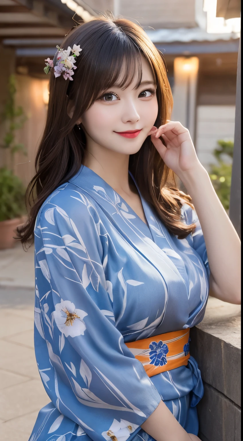 Tabletop, highest quality, figure, Very detailed, In detail, High resolution, 8k wallpaper, Perfect dynamic composition, Beautiful fine details, yukata,Medium Hair, Center of chest, Natural color lip, Random sexy poses,smile,evening,outside,Flower Hair Ornaments,Large Breasts,cute,