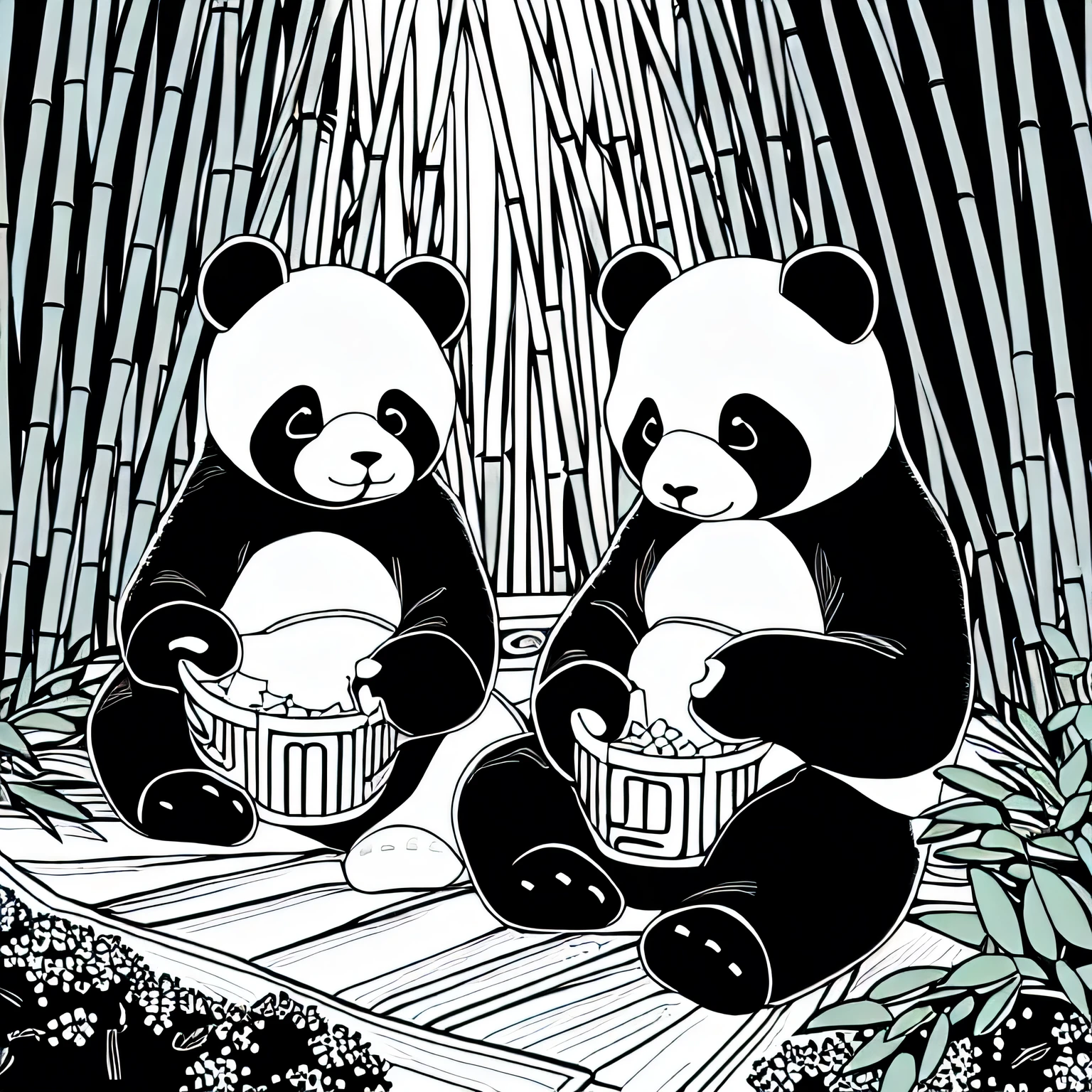 Masterpiece, coloring-book, line art, perfect line art, comic style, pandas bears eating bamboo in bamboo-forest, black and white