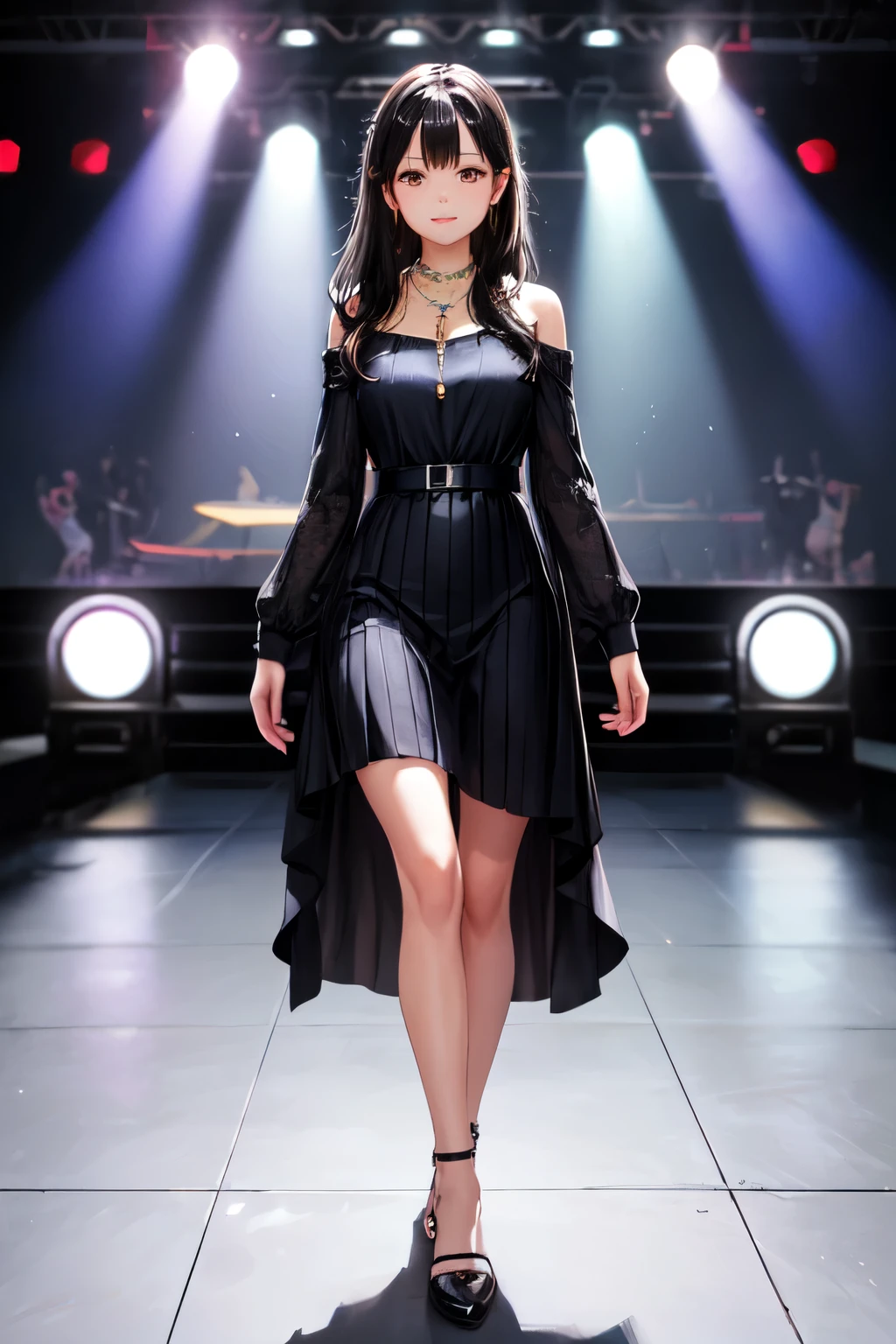 girl,elder sister,((best quality)), ((masterpiece)), (detailed), Perfect face,Light black long skirt(Urban trends),Sapphire necklace around neck,Black long hair,Standing on the stage,There are lights shining around