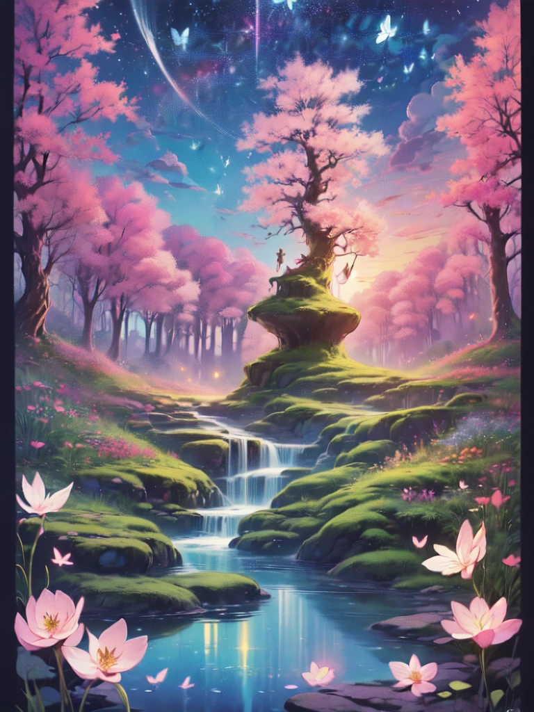 ((best quality)), ((masterpiece)), (detailed), ethereal beauty, perched on a pink blossom tree, (fantasy illustration:1.3), enchanting gaze, captivating pose, solo girl, delicate butterfly wings, otherworldly charm, mystical sky, (Luis Royo:1.2), (Yoshitaka Amano:1.1), moonlit night, soft colors, (detailed cloudscape:1.3), (high-resolution:1.2) (dragon flying in the sky) long white dress, legs dangling above pond, long victorian dress,