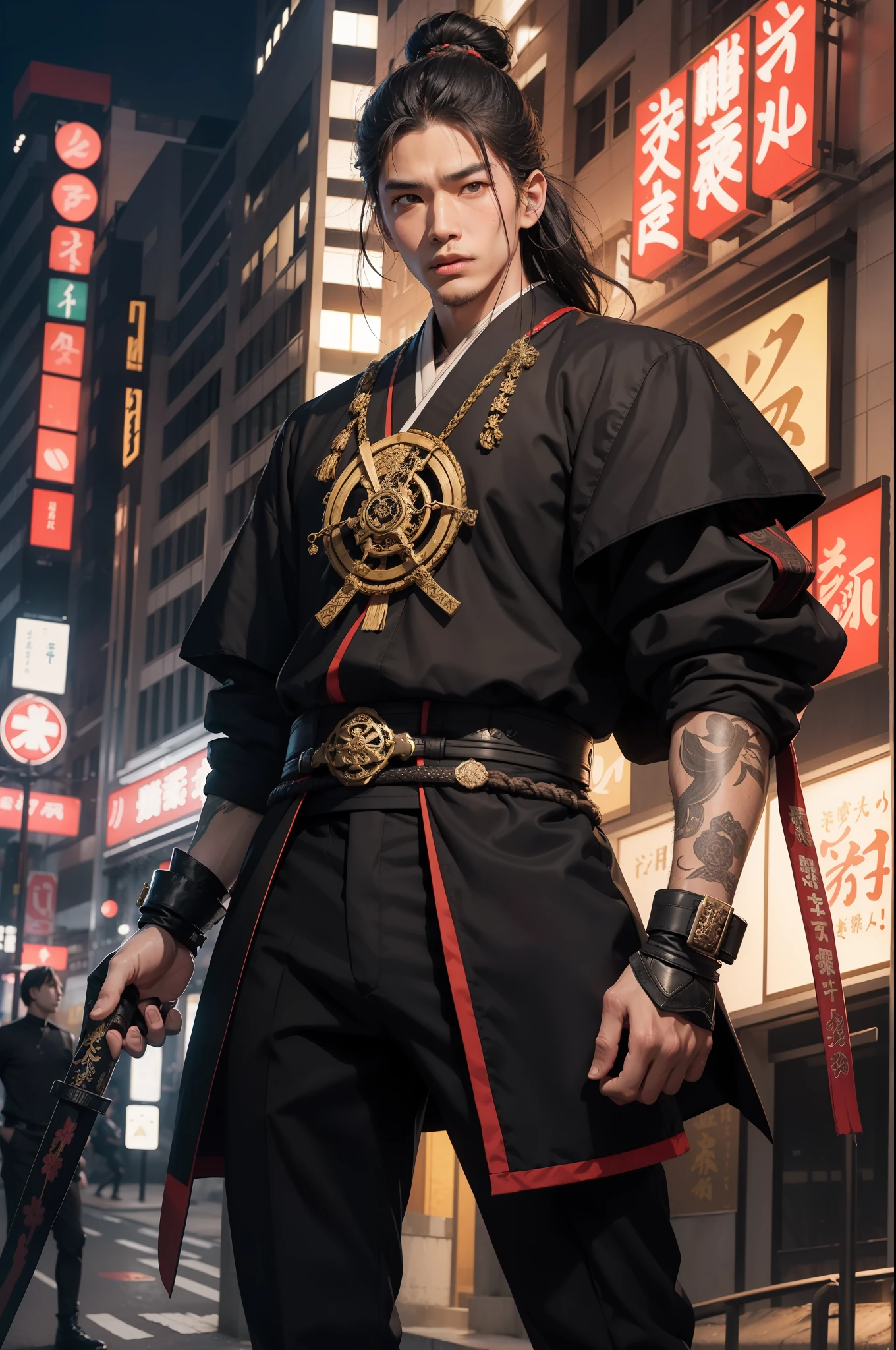 A youthful figure, Spring Sakura stands at 160cm, with a slender frame and an air of mystery surrounding him. His rectangular body, neither overtly muscular nor frail, holds the resilience of a samurai spirit. His legs, of Average length, carry him swiftly through the bustling streets, a juxtaposition of tradition amidst modern chaos. Adorned in a fusion of traditional samurai attire and contemporary urban wear, black shoes,he blends into the city's tapestry while retaining his ancestral identity. His face, with sharp, almond-shaped eyes that reflect depths of determination, conceals the turmoil within. Long strands of black hair cascade down his back, a symbol of his lineage and a reminder of his sworn duty. With a stoic demeanor, he navigates the metropolis, ever vigilant, ever ready for the day of reckoning. Amidst the neon glow and digital hum, he stands, a solitary sentinel, his resolve unyielding against the backdrop of urban turmoil.