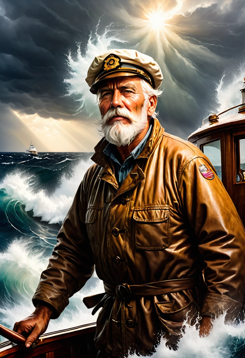 ((an old fisherman with white hair and a white beard, standing at the helm in the wheelhouse of his pilothouse boat and steering it through the rough stormy sea)), (Rain lashes against Pilothouse Window:1,2), heavily tanned face, deep facial wrinkles, he is wearing a fisherman's cap and has a tobacco pipe in his mouth from which smoke is rising, huge waves, rough waves, God's rays, foaming water, dramatic light, ray tracing, 