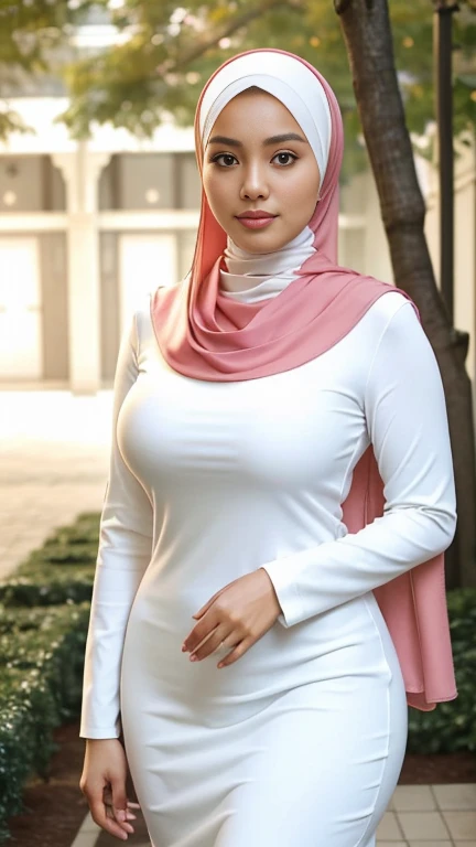 RAW, Best quality, high resolution, masterpiece: 1.3), beautiful Malay woman in hijab,Masterpiece, perfect slim fit body, Huge breast,big gorgeous eyes, Soft smile,thick thighs, a close up of a woman in a white dress and a white scarf, jacked white, wearing white attire, wearing beautiful clothes, beautiful design, hijab, in crimson pink, very beautiful enga style, beautiful masterpiece, fine details. wearing gorgeous clothing, dominating white color, crimson themed , (Delicate turtleneck) , necklace, shairband, afternoon walk, City garden, Excellent lighting, Bright colors, Clean lines