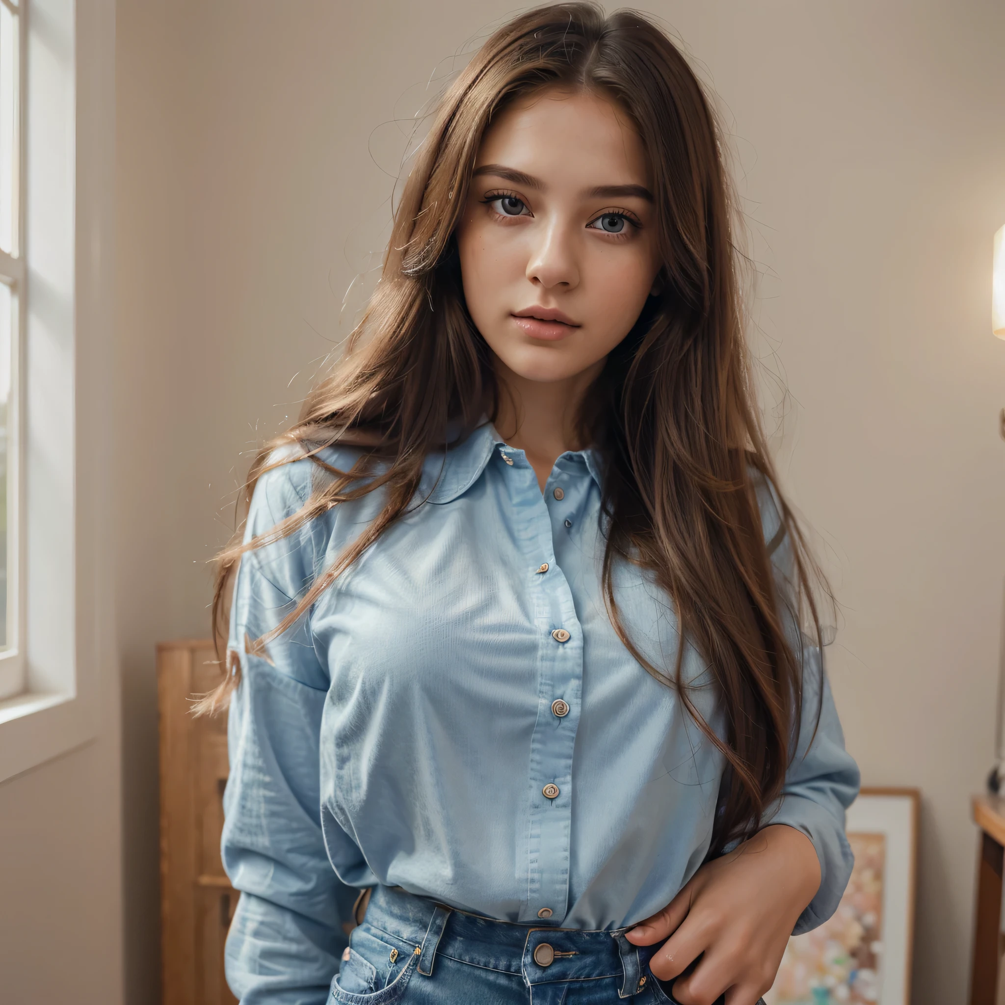 (best quality,realistic ultra-detailed),(girl:1.1,beautiful detailed eyes,beautiful detailed lips),(long hair),(standing),(1 girl),(soft lighting),(pastel colors),(oil painting) , blue tall shirt ,jeans