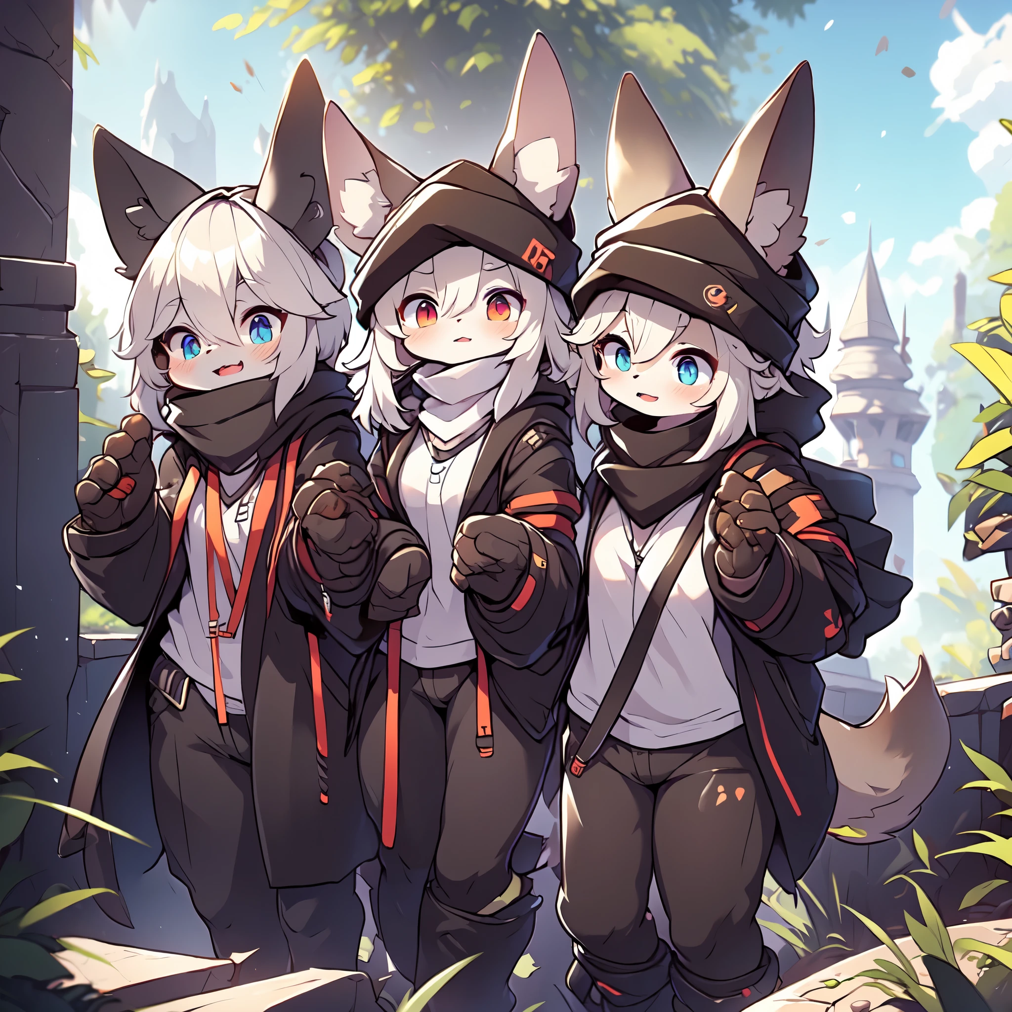 Kawaii, Striped Fluffy Fox, emaciated, long hair, 3girls, artificial synthetic skin, life support prosthetics, digital headphones, black tight latex bodysuit, white long dress, thigh-high-socks, shorts, loose off-the-shoulder hood open jacket, holsters in thigh, Mechanical boots, tactical knee pads, tactical belted loose Arm Sleeves, cybernetic Display gloves, chest rigs, tactical belts, blue archive halo, bulletproof goggles on forehead, from Ark nights, ray tracing, depth of field, bloom, masterpiece, ccurate, high details, highres