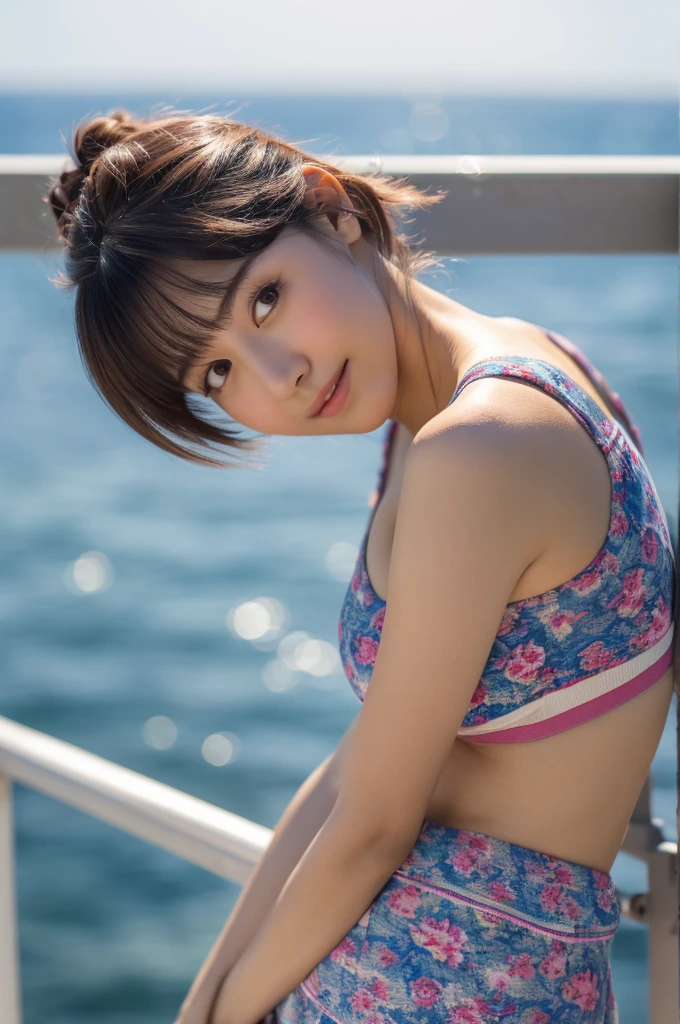 ( (8k:1.27), highest quality, masterpiece, 超High resolution:1.2) cute日本人女性の写真 (beautiful:1.1)Filming location: On the deck of a cruise ship、Sunset hairstyle on the sea: Long Straight、Posing in the wind: Leaning on the railing of the boat、Clothes for gazing at the distant horizon: Navy-style striped bikini(16k, RAW Photos, highest quality, High resolution, ), （I can see a little bit of nipple swelling through my clothes.）High-definition RAW color photos, Professional photos, (Layered silhouette: 1.2), Complex patterns, , (Realistic, photoRealistic: 1.3), ( Japanese Girls), , Big breasts Very firm breasts、Non-sagging breasts、Showing cleavage。Too much exposure、（NSFW）Shine, (Detailed face: 1.2), (masterpiece: 1.5),きめ細かいbeautiful肌, (cute:1.2), (sexy) (highest quality :1.2),((A girl, 1 girl : 1.3), solo, solo focus))、(One head according to human anatomy、Two Arms、Two Legs、Five Fingers)
「No deformed or unnatural body parts,A completely normal human body type」「A depiction of a woman that is faithful to human anatomy」、(A representation of a healthy, balanced and vibrant woman)