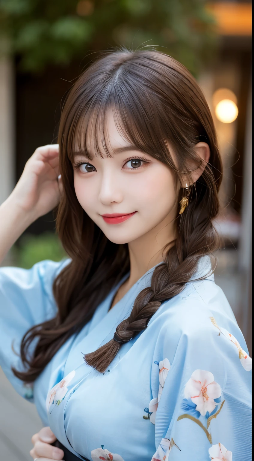 Tabletop, highest quality, figure, Very detailed, In detail, High resolution, 8k wallpaper, Perfect dynamic composition, Beautiful fine details, yukata,Braided Hair, Center of chest, Natural color lip, Random sexy poses,smile,evening,outside,Flower Hair Ornaments,Large Breasts,cute,