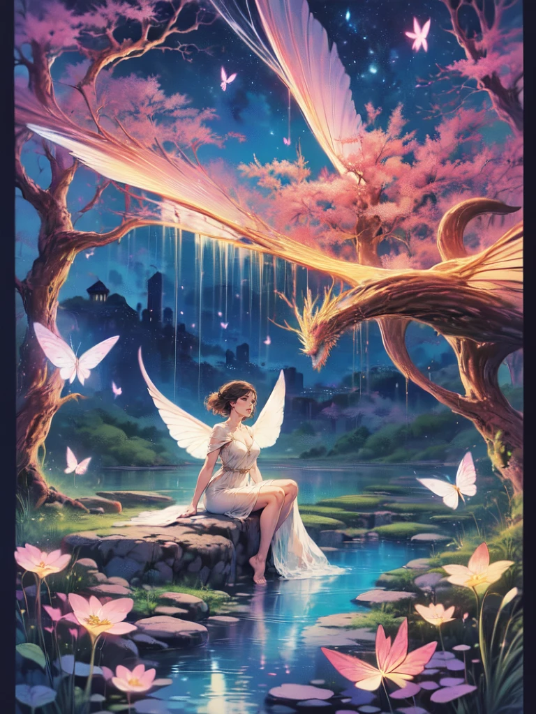 ((best quality)), ((masterpiece)), (detailed), ethereal beauty, perched on a pink blossom tree, (fantasy illustration:1.3), enchanting gaze, captivating pose, solo girl, delicate butterfly wings, otherworldly charm, mystical sky, (Luis Royo:1.2), (Yoshitaka Amano:1.1), moonlit night, soft colors, (detailed cloudscape:1.3), (high-resolution:1.2) (dragon flying in the sky) long white dress, legs dangling above pond, long victorian dress,