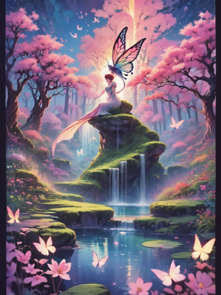 ((best quality)), ((masterpiece)), (detailed), ethereal beauty, perched on a pink blossom tree, (fantasy illustration:1.3), enchanting gaze, captivating pose, solo girl, delicate butterfly wings, otherworldly charm, mystical sky, (Luis Royo:1.2), (Yoshitaka Amano:1.1), moonlit night, soft colors, (detailed cloudscape:1.3), (high-resolution:1.2) (dragon flying in the sky) long white dress, legs dangling above pond, long victorian dress,