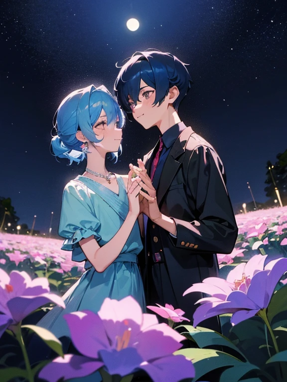cartoon of two boys in cool positions standing together, ddlc, in the art style of 8 0 s anime, 9 0 s anime style, 90s anime style, in anime style, in an anime style, anime aesthetic, anime vibes, 9 0 s anime aesthetic, 9 0 s anime art style, lofi boys, beautiful background outside, background at night with stars and a moon, fairy lights, beautiful background in a floral garden with fairy lights at night, two cute boys, beautiful faces, two boys, don't extra hands, NO extra hands, generate two boys with NO extra hands, NO extra arm, the two boys has a short hairstyle, one boy has blue hair, the other boy has black hair, pretty faces, two cute pretty boys in smocking, with amazing smile, the two boys has a pretty smile,