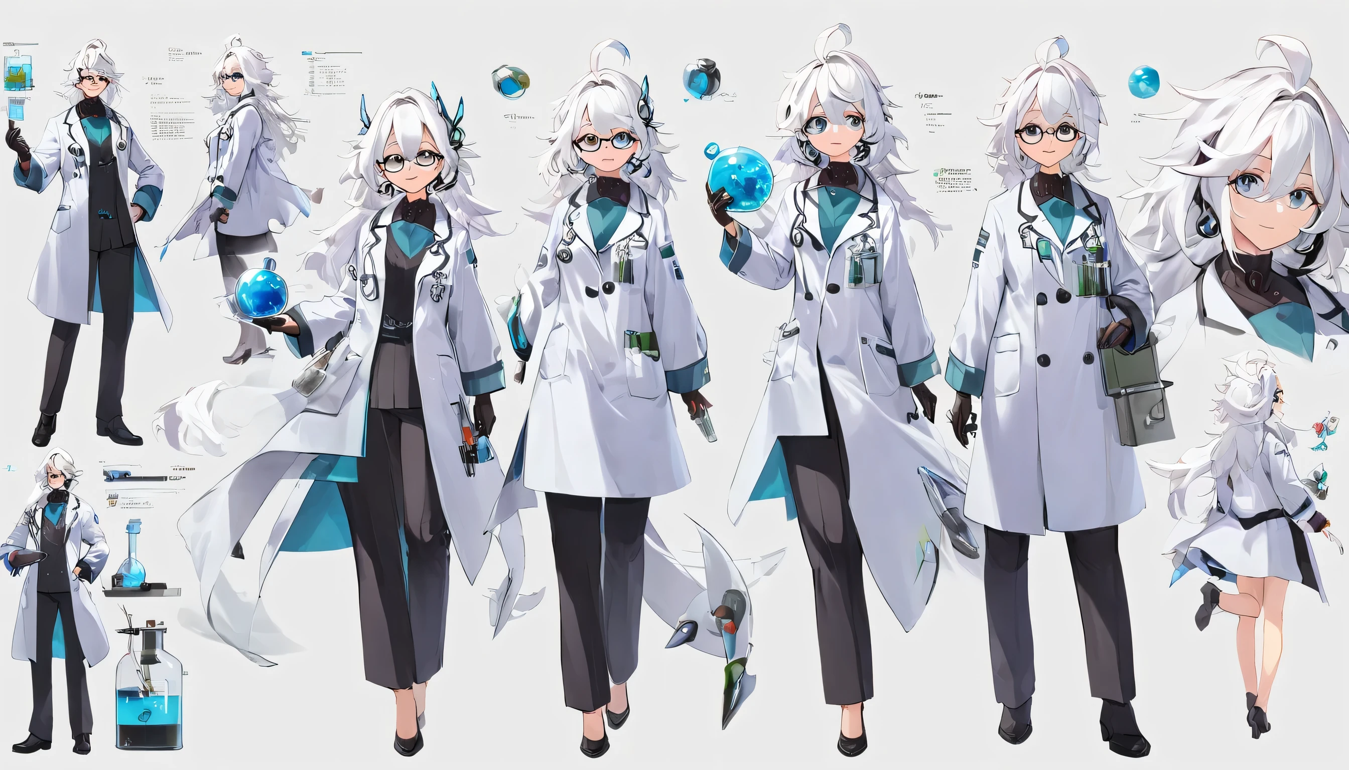 (masterpiece, highest quality), detailed, One girl, ((Character Concept Art)), ((Character design sheet, same characters, front, ~ side, return)), Scientist　Cybertick　White Hair　whole body　Bad guy