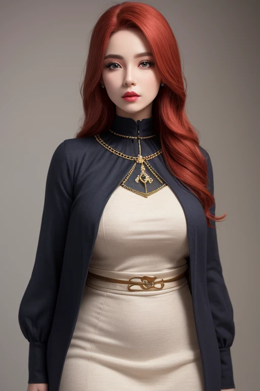 Miniature model of a Woman She wears Islamic clothes with the Islamic hijab , curvy body,high face quality,green eyes, red lips,huge longest red hair with very largest red hair,perfect face, Ultra-realism, Details, 8K, High quality, Full HD