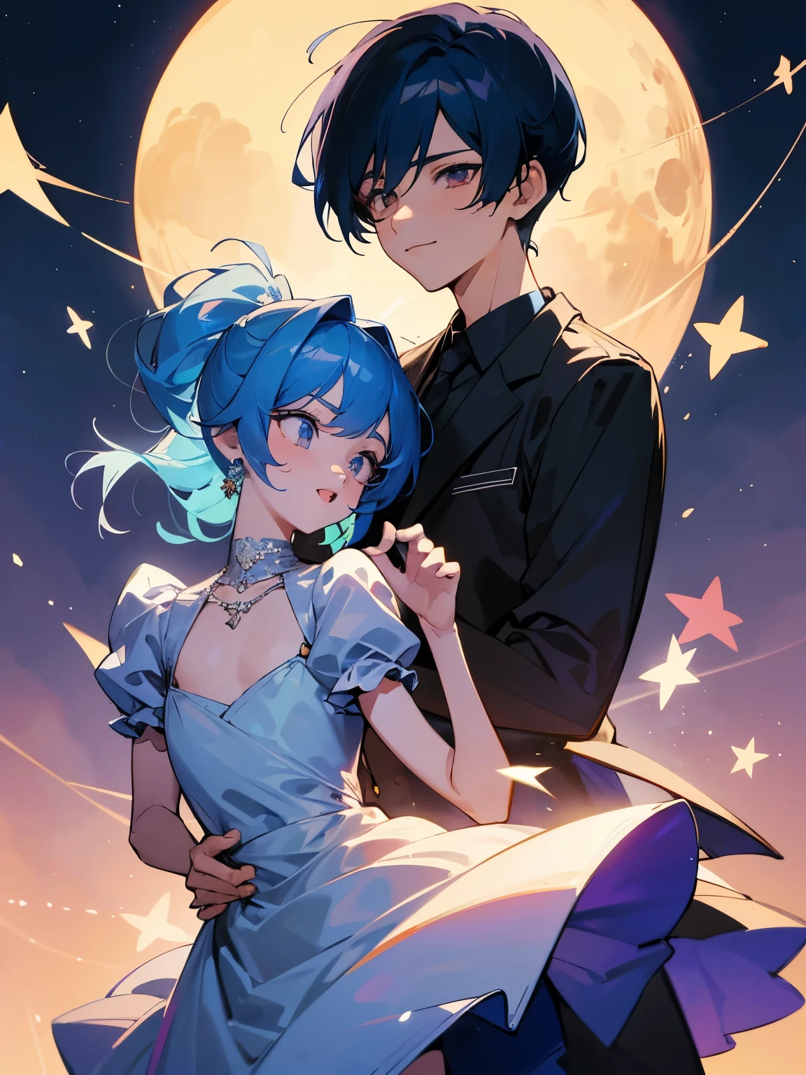 cartoon of two boys in cool positions standing together, ddlc, in the art style of 8 0 s anime, 9 0 s anime style, 90s anime style, in anime style, in an anime style, anime aesthetic, anime vibes, 9 0 s anime aesthetic, 9 0 s anime art style, lofi boys, beautiful background outside, background at night with stars and a moon, fairy lights, beautiful background in a floral garden with fairy lights at night, two cute boys, beautiful faces, two boys, don't extra hands, NO extra hands, generate two boys with NO extra hands, NO extra arm, the two boys has a short hairstyle, one boy has blue hair, the other boy has black hair, pretty faces, two cute pretty boys in a smocking dress, with amazing smile, the two boys has a pretty smile, 