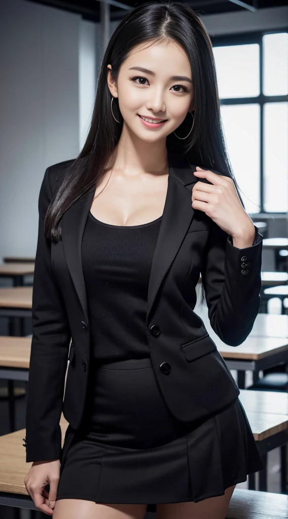 4K,8K,16K,32K, hight resolution ,Realistic, Photorealistic, Raw photo,hyper realistic photography ,Best Quality, High quality, Face Focus ,Symmetrical face, 1woman ,30 years old ,Normous breasts,Woman's business black Suit and tight black skirt,frontage,full body shot,Classroom,Sony camera ((smiling face))