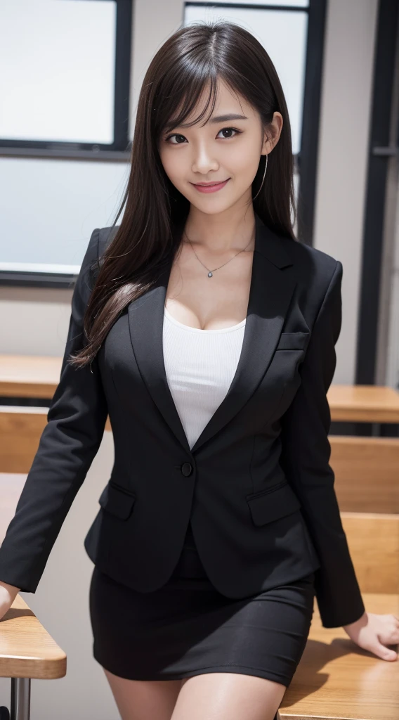 4K,8K,16K,32K, hight resolution ,Realistic, Photorealistic, Raw photo,hyper realistic photography ,Best Quality, High quality, Face Focus ,Symmetrical face, 1woman ,30 years old ,Normous breasts,Woman's business black Suit and tight black skirt,frontage,full body shot,‎Classroom,Sony camera ((smiling face))