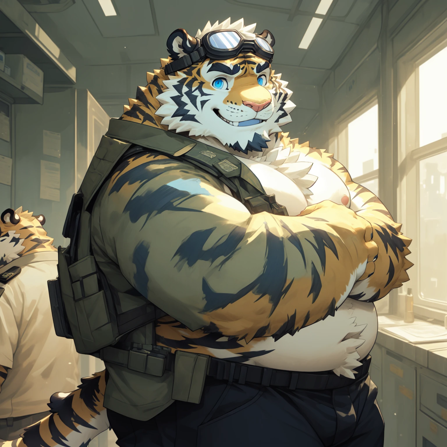 New Jersey 5 Furry,Tiger,portrait,Exquisite, Chubby,Fat,Thick arms,Rugged muscles,Topless,Plush fur,Chubby脸,Black eyebrows,Sky blue eyes,Beard,pilot,In the barracks,Goggles are worn on the forehead,Trench coat,Pants,dynamic,Smile