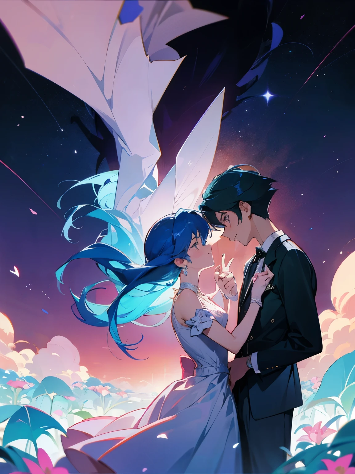 cartoon of two boys in cool positions standing together, ddlc, in the art style of 8 0 s anime, 9 0 s anime style, 90s anime style, in anime style, in an anime style, anime aesthetic, anime vibes, 9 0 s anime aesthetic, 9 0 s anime art style, lofi boys, beautiful background outside, background at night with stars and a moon, fairy lights, beautiful background in a floral garden with fairy lights at night, two cute boys, beautiful faces, two boys, don't extra hands, NO extra hands, generate two boys with NO extra hands, NO extra arm, the two boys has a short hairstyle, one boy has blue hair, the other boy has black hair, pretty faces, two cute pretty boys in a smocking dress, with amazing smile, the two boys has a pretty smile,