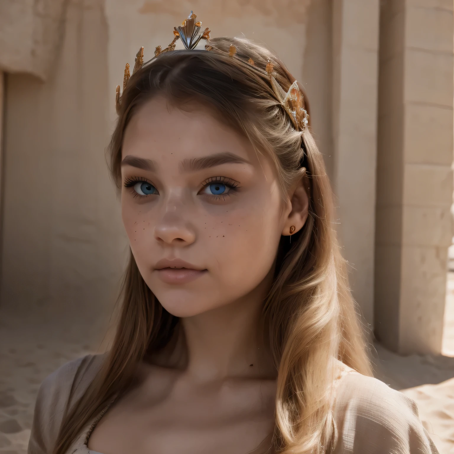 a close up of a college student wearing a tiara and a dress。，（（（side view）））, portrait sophie mudd, portrait of barbara palvin, wearing a light grey crown, wearing tiara, barbara palvin, wearing a tiara, wears a light grey crown, julia gorokhova, posing in leotard and tiara, young goddess, diadem on the head，arafed woman in a white dress standing in the desert, portrait sophie mudd, gorgeous young model, anna nikonova aka newmilky, soft portrait shot 8 k, beautiful female model, photo of a beautiful woman, portrait of a beautiful model, extremely beautiful face, beautiful model, very pretty model, tanned beauty portrait, covered in sand，photo of a college student, in Desert Color Coarse Linen Pink,Desert Color Coarse Linen, (freckles:0.8) cute face, sci-fi, dystopian, detailed eyes, Heterochromia eyes（（Side view））（Lunar soil）((a beautiful fantasy empress))