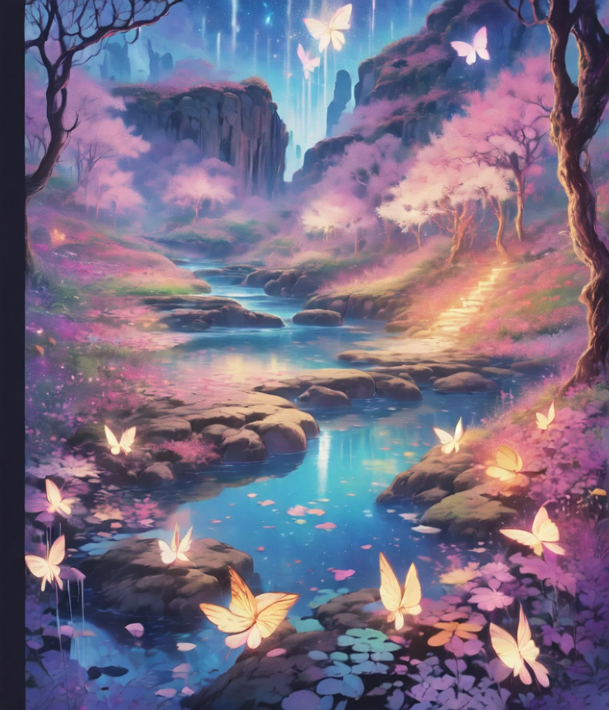 ((best quality)), ((masterpiece)), (detailed), ethereal beauty, perched on a pink blossom tree, (fantasy illustration:1.3), enchanting gaze, captivating pose, solo girl, delicate butterfly wings, otherworldly charm, mystical sky, (Luis Royo:1.2), (Yoshitaka Amano:1.1), moonlit night, soft colors, (detailed cloudscape:1.3), (high-resolution:1.2) (dragon flying in the sky) long white dress, legs dangling above pond, long victorian dress,