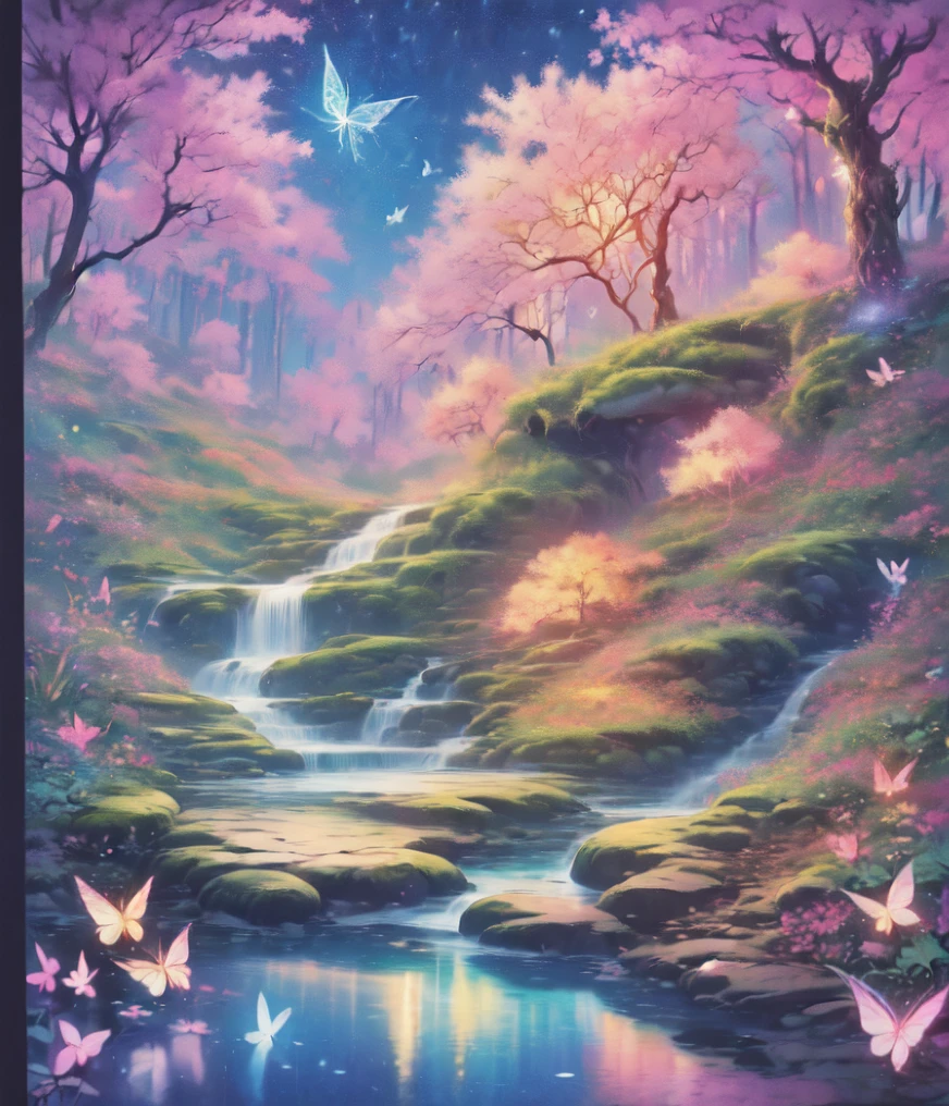 ((best quality)), ((masterpiece)), (detailed), ethereal beauty, perched on a pink blossom tree, (fantasy illustration:1.3), enchanting gaze, captivating pose, solo girl, delicate butterfly wings, otherworldly charm, mystical sky, (Luis Royo:1.2), (Yoshitaka Amano:1.1), moonlit night, soft colors, (detailed cloudscape:1.3), (high-resolution:1.2) (dragon flying in the sky) long white dress, legs dangling above pond, long victorian dress,