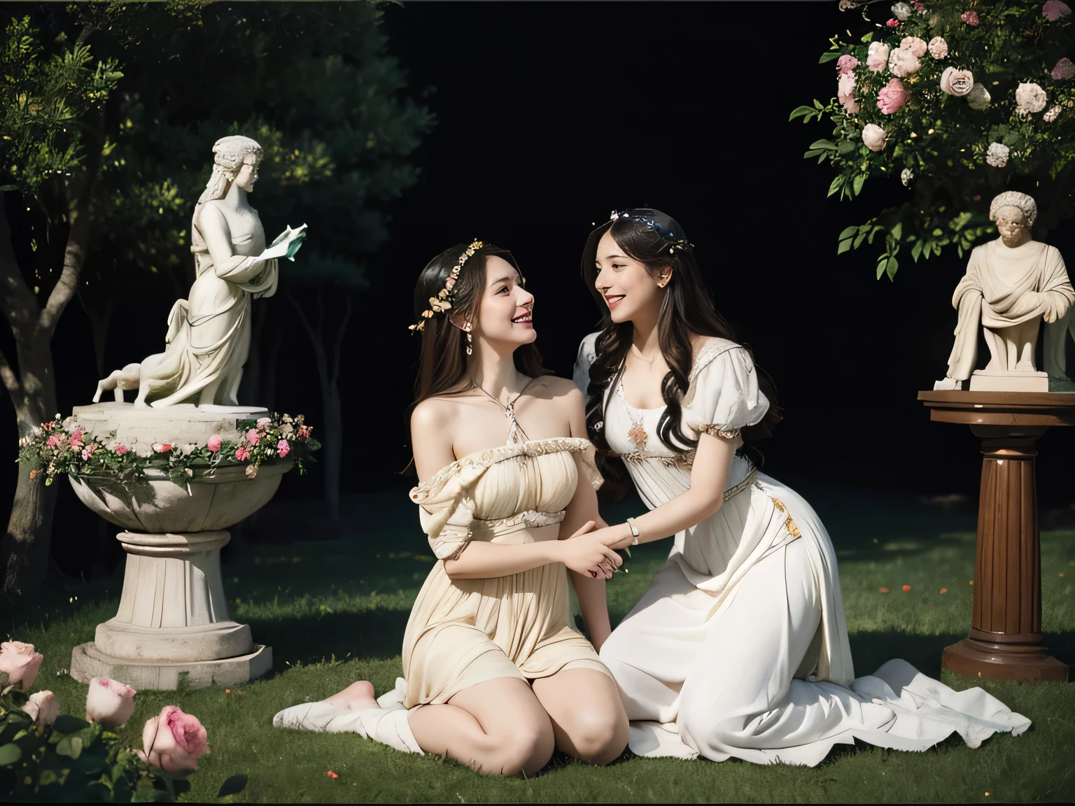 full body portrait or statue、Sandro Botticelli painting style,Arguments of two female Philosophe,math、astronomical machine、astronaut、roses in vase、fruits、Cute trinkets、smile、ancient greek costume、Ancient Roman landscape in the style of Nicolas Poussin,laughter,,Sweet and seductive appearance.、Caravaggio's paintings、Chiaroscuro of Caravaggio、hair tousled by the wind,Two women frolicking,cute smile, expression of ecstasy,Sexy,erotic