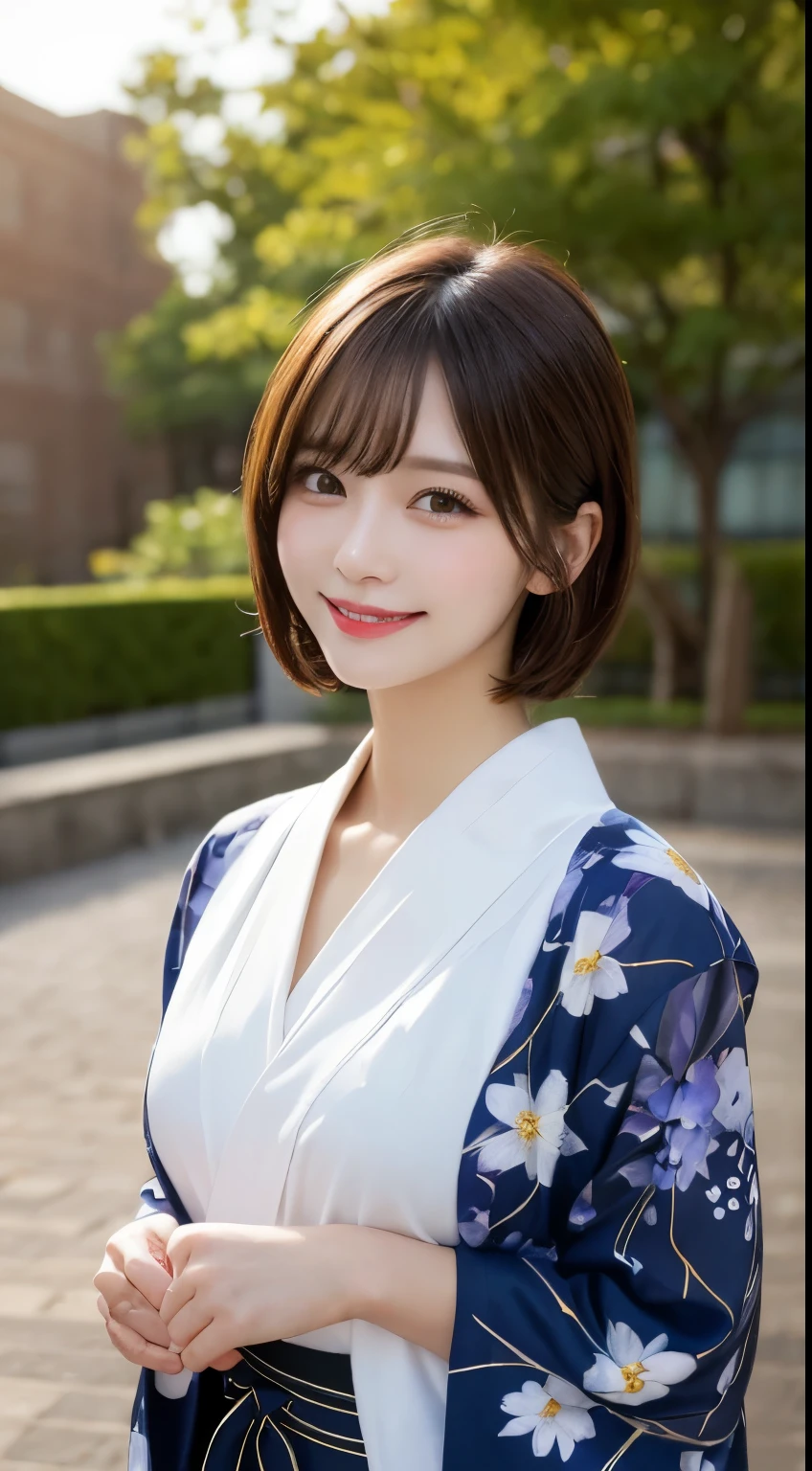 Tabletop, highest quality, figure, Very detailed, In detail, High resolution, 8k wallpaper, Perfect dynamic composition, Beautiful fine details, yukata,Short Hair, Center of chest, Natural color lip, Random sexy poses,smile,evening,outside,Flower Hair Ornaments,Large Breasts,cute,