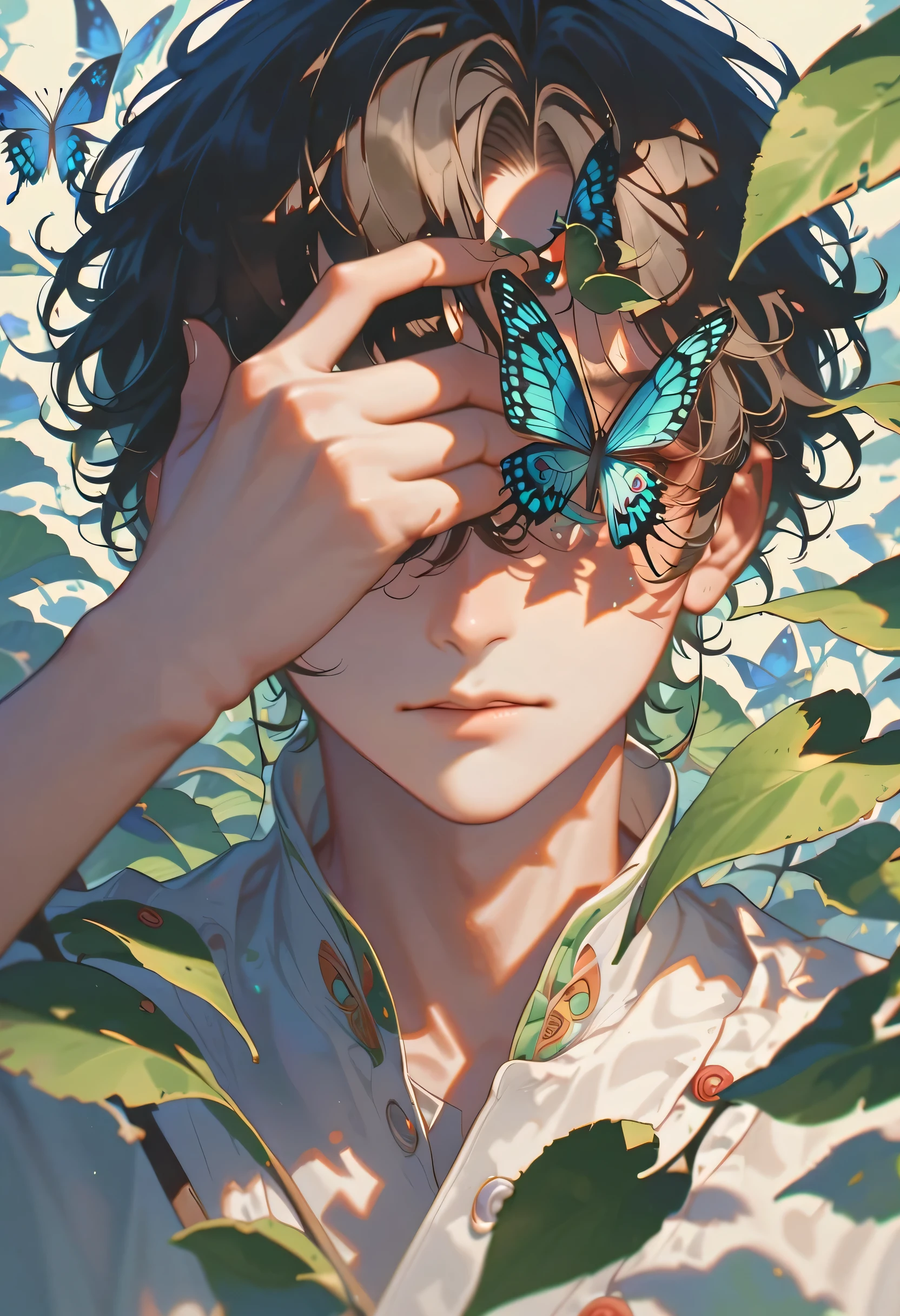 Style 9，Boys，Covering one eye with leaves，Butterfly landed on the eye