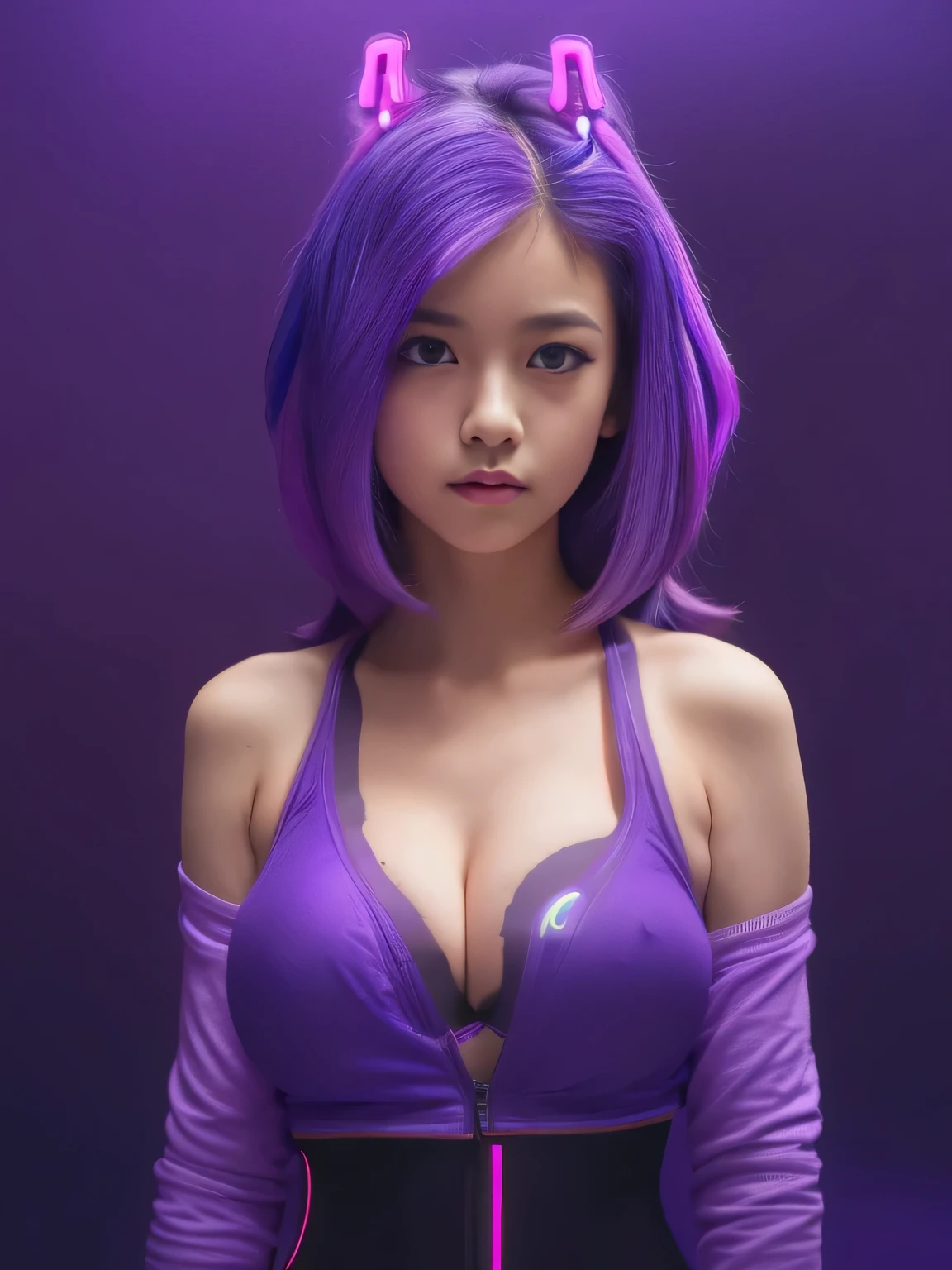 ,13 years old, junior high school girl, (huge breasts:1.4)、(Neon Purple Theme:1.2), masterpiece, highest quality, 4K, (Realistic), Bokeh, Awareness-raising,(1 perfect portrait of a girl), (A fascinating eye for perfect detail:1.2), Colorful Hair, (Gradient Hair), (Neon purple soft hair:1.6), (Cat ear:1.2), Fantasy Background, (Exposed bare shoulders), (Long-term alienation sleeve), (Lean forward slightly), Tilt your head, (Cinema Lighting:1.2), Larger clothes, (Seductive pose:1.4), (Neon Purple Background:1.6), beautiful purple eyes, close,