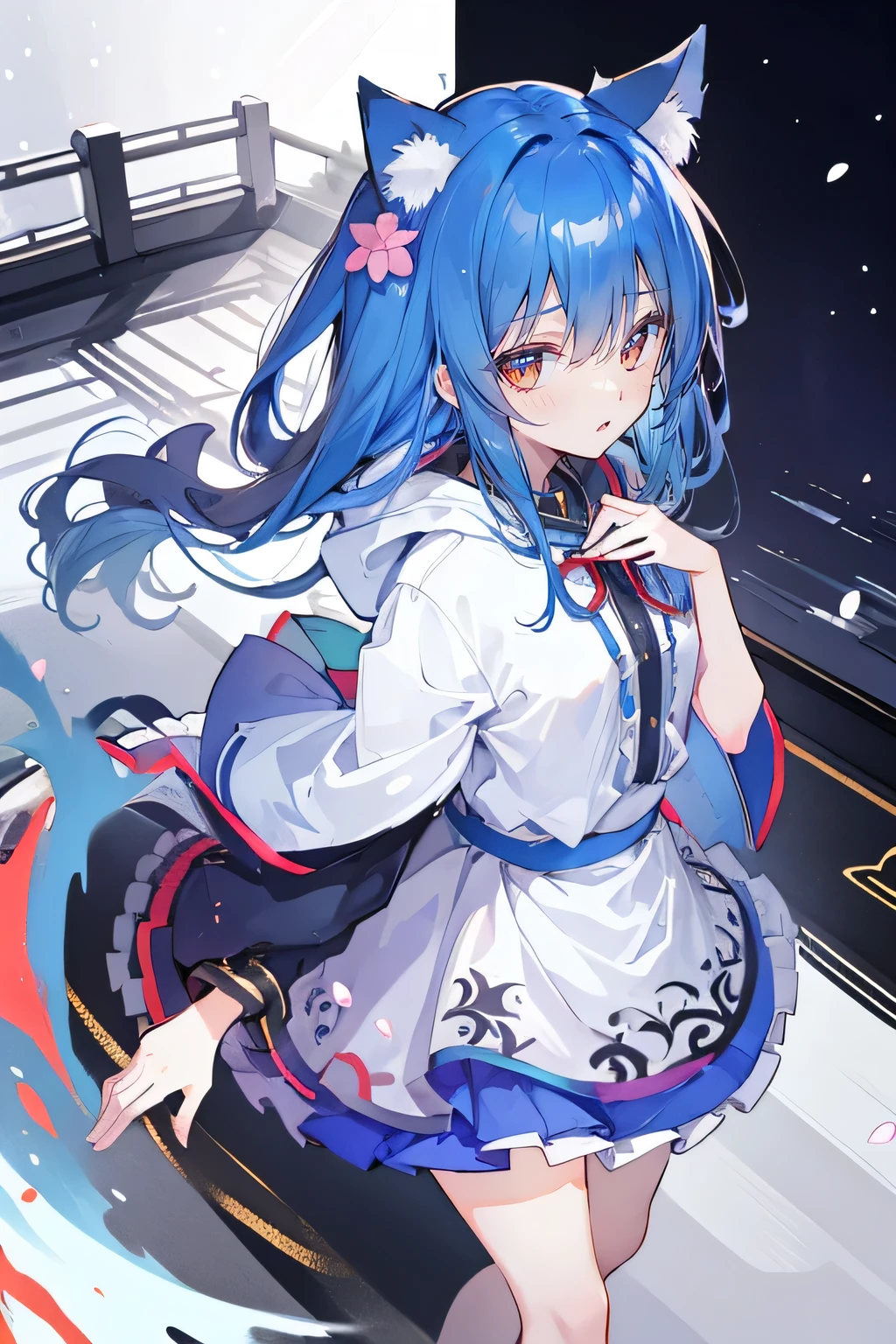 (masterpiece:1.2),Super detailed,lifelike,Expressive eyes,fair skin,perfect face shape,1 girl,
Japanese comics,Gorgeous blue hair,flowing blue hair,flowing clothes,Cat ears,Petals fall,beautiful lola,Baby Angel,
Shaking head with one hand,Cross your legs,Gentle and peaceful background,The pavilion is cool and comfortable,smile, wearing hoodie, background of tokyo,back views,snowing, winter.