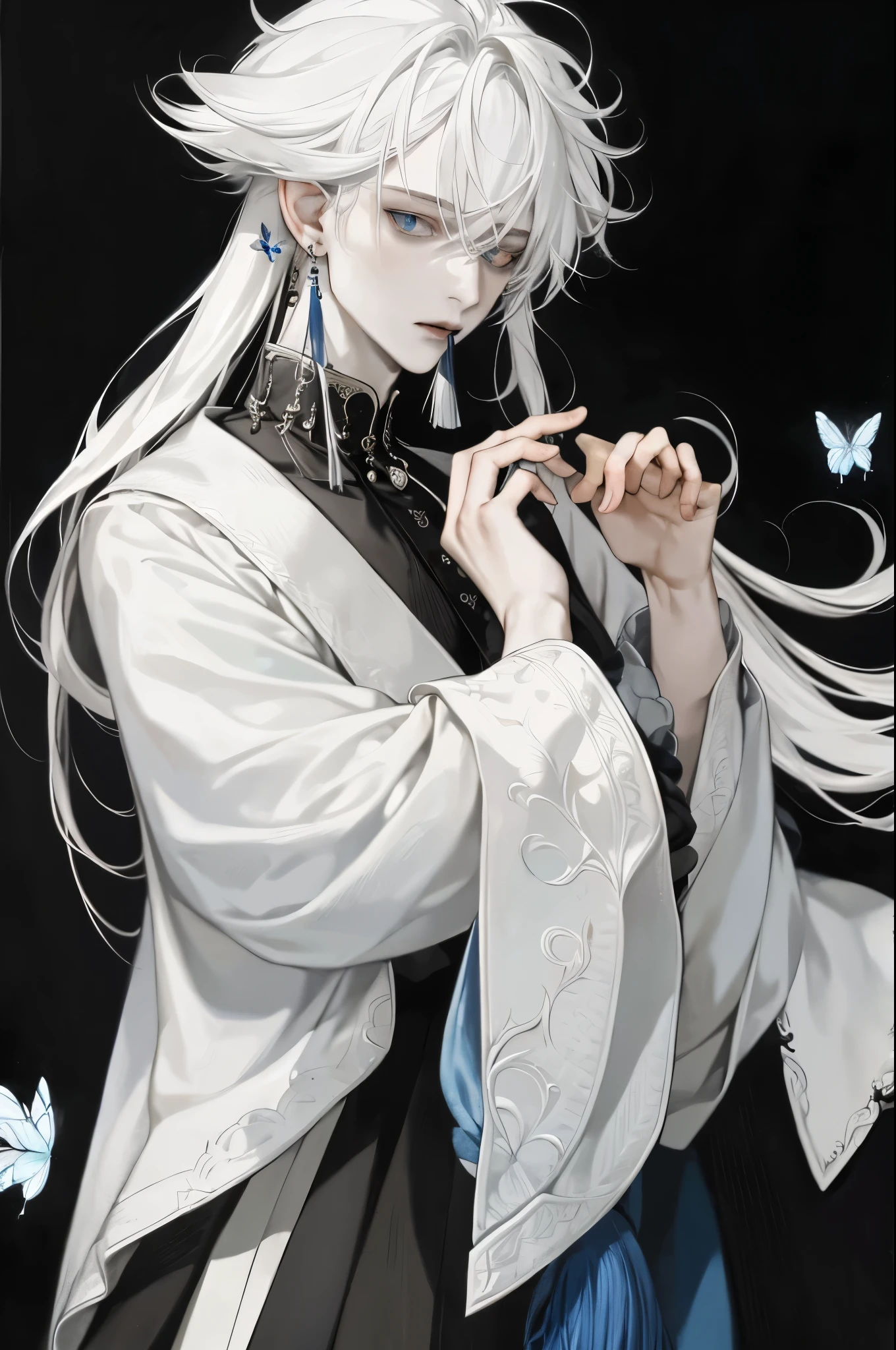 masterpiece, Male focus, 1 boy, Solitary, white hair, tassel earrings, tassel, jewelry, earrings, Open your mouth, black background, blue eyes, Long hair, Vulnerabilities, Butterfly, Upper Body, Hair between the eyes, Colorful hair