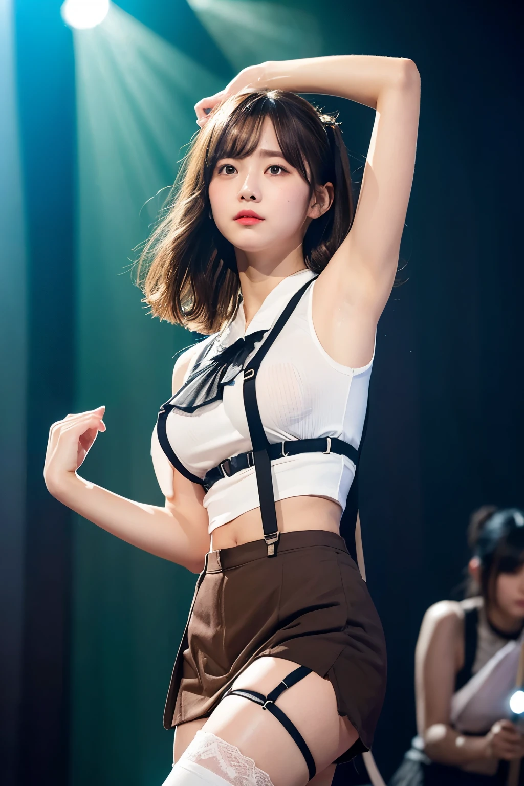 masterpiece、Flat Color、Depth of written boundary、Lens Flare 1 Girl、、Brown Hair、Staring at the audience　　　　internal　Black suspenders　　　Big Breasts　　　 　 Armpit sweat　sweating　Sides of both hands　　wall: 　 　sight 　mini skirt　garter belt　Mouse-colored eyes
