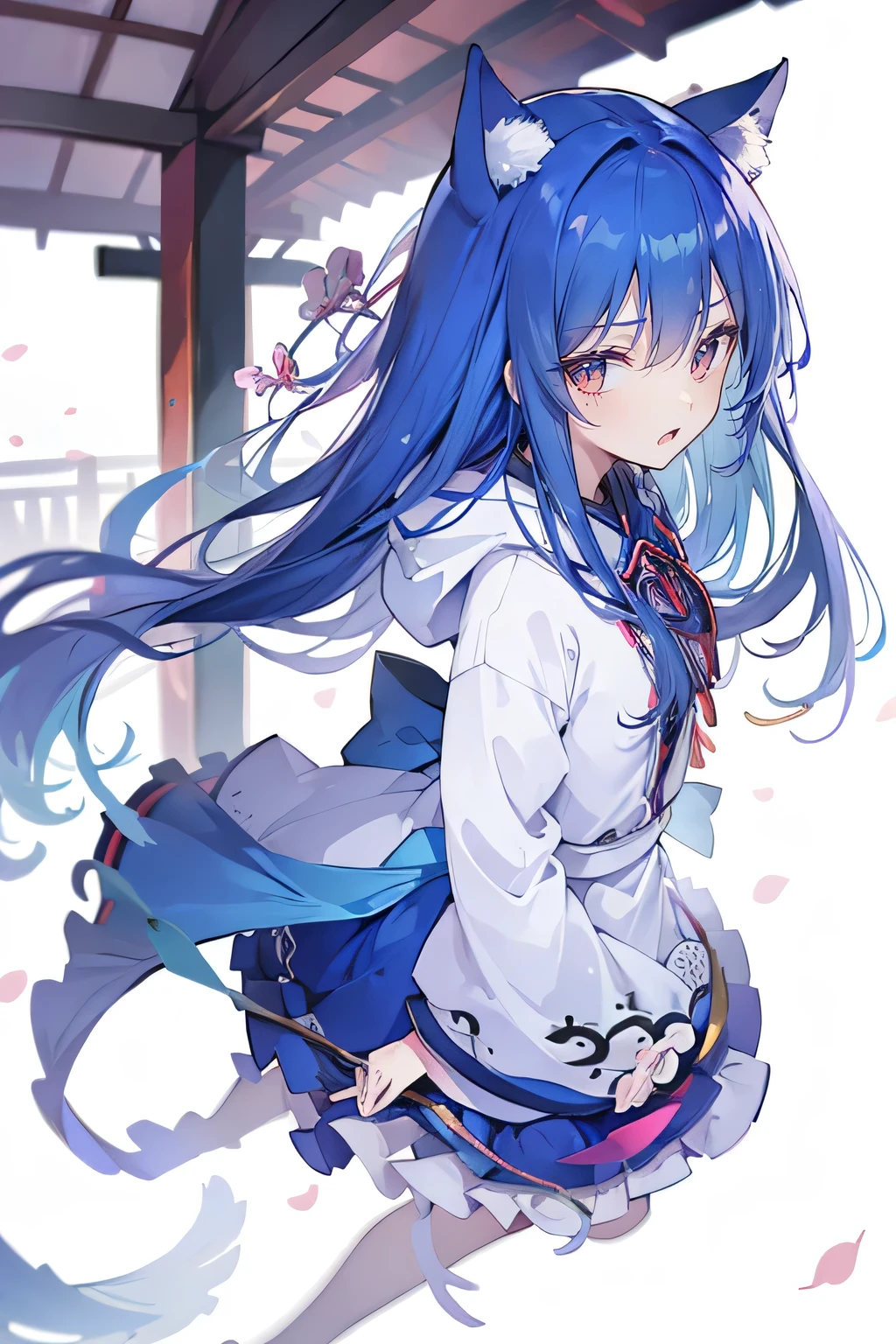 (masterpiece:1.2),Super detailed,lifelike,Expressive eyes,fair skin,perfect face shape,1 girl,
Japanese comics,Gorgeous blue hair,flowing blue hair,flowing clothes,Cat ears,Petals fall,beautiful lola,Baby Angel,
Shaking head with one hand,Cross your legs,Gentle and peaceful background,The pavilion is cool and comfortable,smile, wearing hoodie, background of tokyo,back views,snowing, winter.