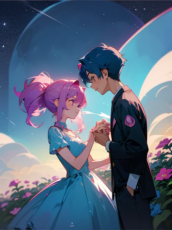 cartoon of a boy and a girl standing close together, ddlc, in the art style of 8 0 s anime, 9 0 s anime style, 90s anime style, in anime style, in an anime style, anime aesthetic, anime vibes, 9 0 s anime aesthetic, 9 0 s anime art style, lofi boy and girl, beautiful background outside, background at night with stars and a moon, fairy lights, beautiful background in a floral garden with fairy lights at night, a cute boy and a cute girl, beautiful faces, a boy and a girl, don't extra hands, NO extra hands, generate a boy and a girl with NO extra hands, NO extra arm, the boy has a short hairstyle and the girl has a long hairstyle, the boy has blue hair, the girl has pink hair, pretty faces, cute pretty boy in a smoking dress, cute pretty girl in a beautiful dress, with amazing smile, boy has a pretty smile, girl has a cute smile, cartoon of a boy and a girl standing close together, ddlc, in the art style of 8 0 s anime, 9 0 s anime style, 90s anime style, in anime style, in an anime style, anime aesthetic, anime vibes, 9 0 s anime aesthetic, 9 0 s anime art style, lofi boy and girl, beautiful background outside, background at night with stars and a moon, fairy lights, beautiful background in a floral garden with fairy lights at night, a cute boy and a cute girl, beautiful faces, a boy and a girl, don't extra hands, NO extra hands, generate a boy and a girl with NO extra hands, NO extra arm, the boy has a short hairstyle and the girl has a long hairstyle, the boy has blue hair, the girl has pink hair, pretty faces, cute pretty boy in a smocking dress, cute pretty girl in a beautiful dress, with amazing smile, boy has a pretty smile, girl has a cute smile  