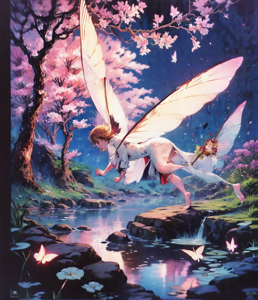 ((best quality)), ((masterpiece)), (detailed), ethereal beauty, perched on a pink blossom tree, (fantasy illustration:1.3), enchanting gaze, captivating pose, solo girl, delicate butterfly wings, otherworldly charm, mystical sky, (Luis Royo:1.2), (Yoshitaka Amano:1.1), moonlit night, soft colors, (detailed cloudscape:1.3), (high-resolution:1.2) (dragon flying in the sky) long white dress, legs dangling above pond, long victorian dress,