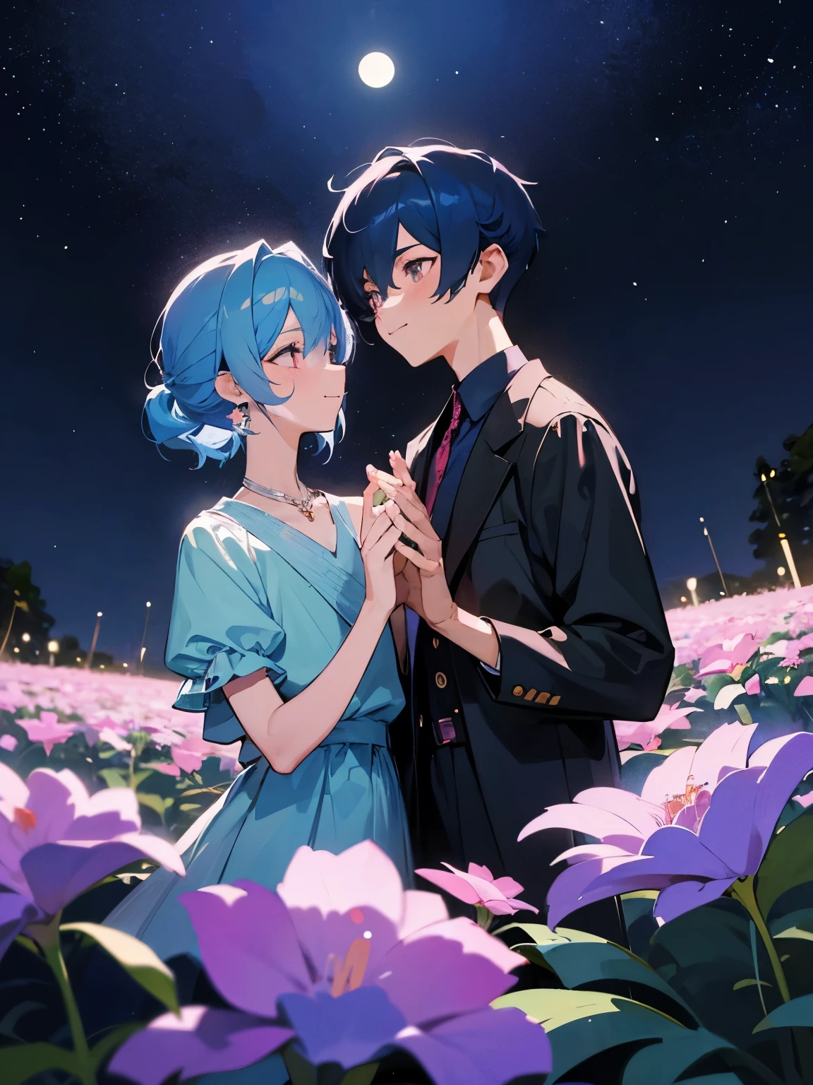 cartoon of two boys in cool positions standing together, ddlc, in the art style of 8 0 s anime, 9 0 s anime style, 90s anime style, in anime style, in an anime style, anime aesthetic, anime vibes, 9 0 s anime aesthetic, 9 0 s anime art style, lofi boys, beautiful background outside, background at night with stars and a moon, fairy lights, beautiful background in a floral garden with fairy lights at night, two cute boys, beautiful faces, two boys, don't extra hands, NO extra hands, generate two boys with NO extra hands, NO extra arm, the two boys has a short hairstyle, one boy has blue hair, the other boy has black hair, pretty faces, two cute pretty boys in smocking, with amazing smile, the two boys has a pretty smile, 