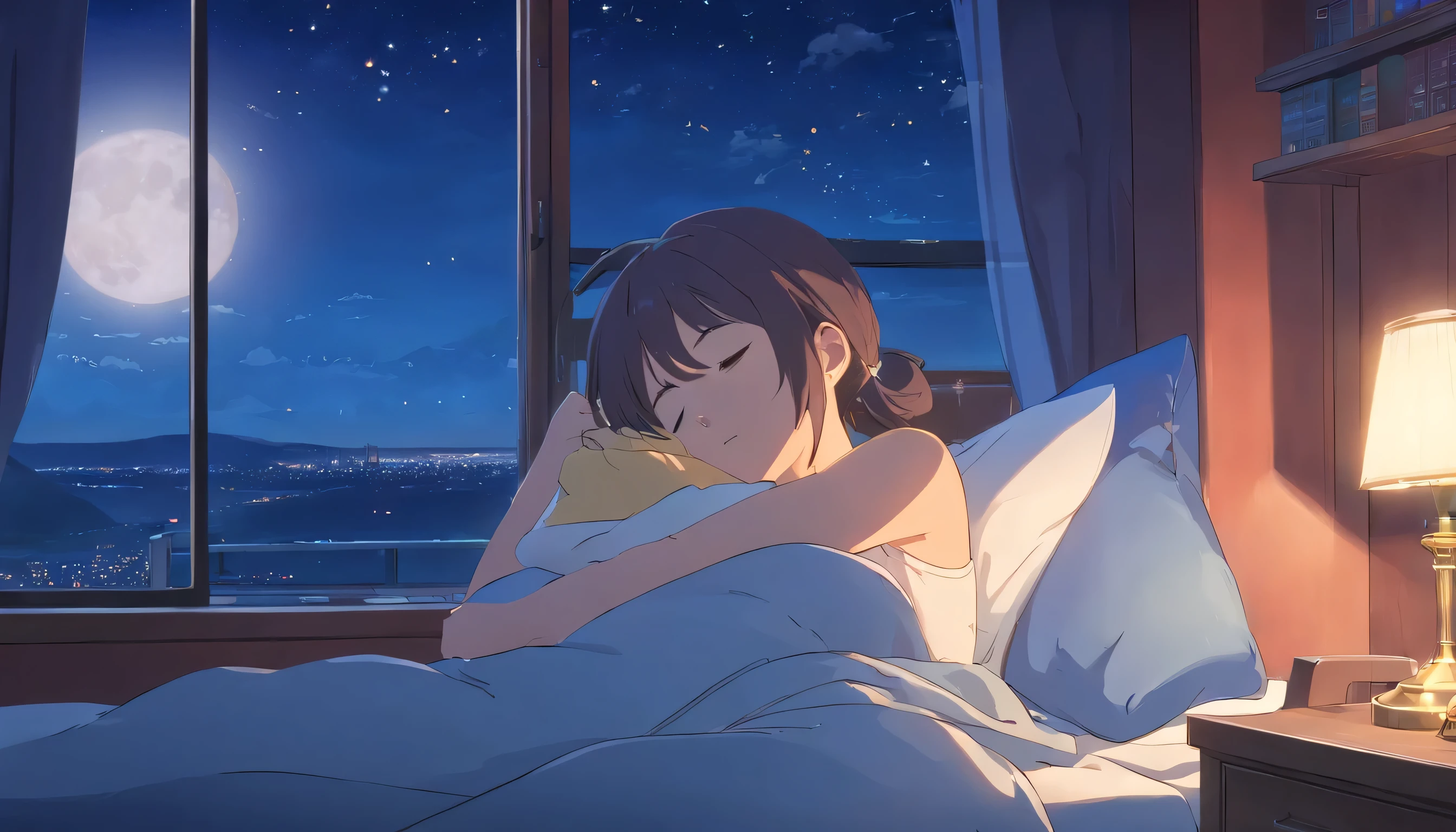 (masterpiece) A girl (woman) Sleeping in bed, In her bed, Wearing headphones, Window showing the moon and stars, calm, peaceful, thinking, ish, Color Grading, Nice color coding,