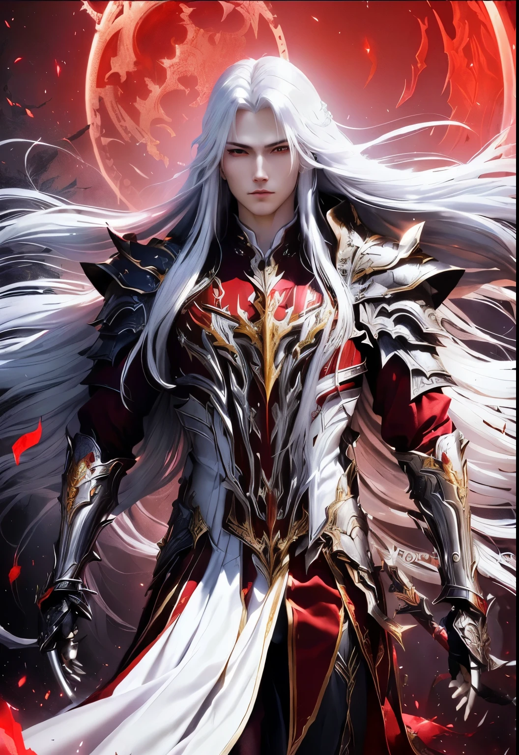 a woman with long white hair and a red dress holding a sword, from lineage 2, beautiful male god of death, white and red armor, alucard, white haired deity, silver armor and red clothing, loong, by Yang J, legend of the cryptids, with long white hair, lineage 2 revolution style