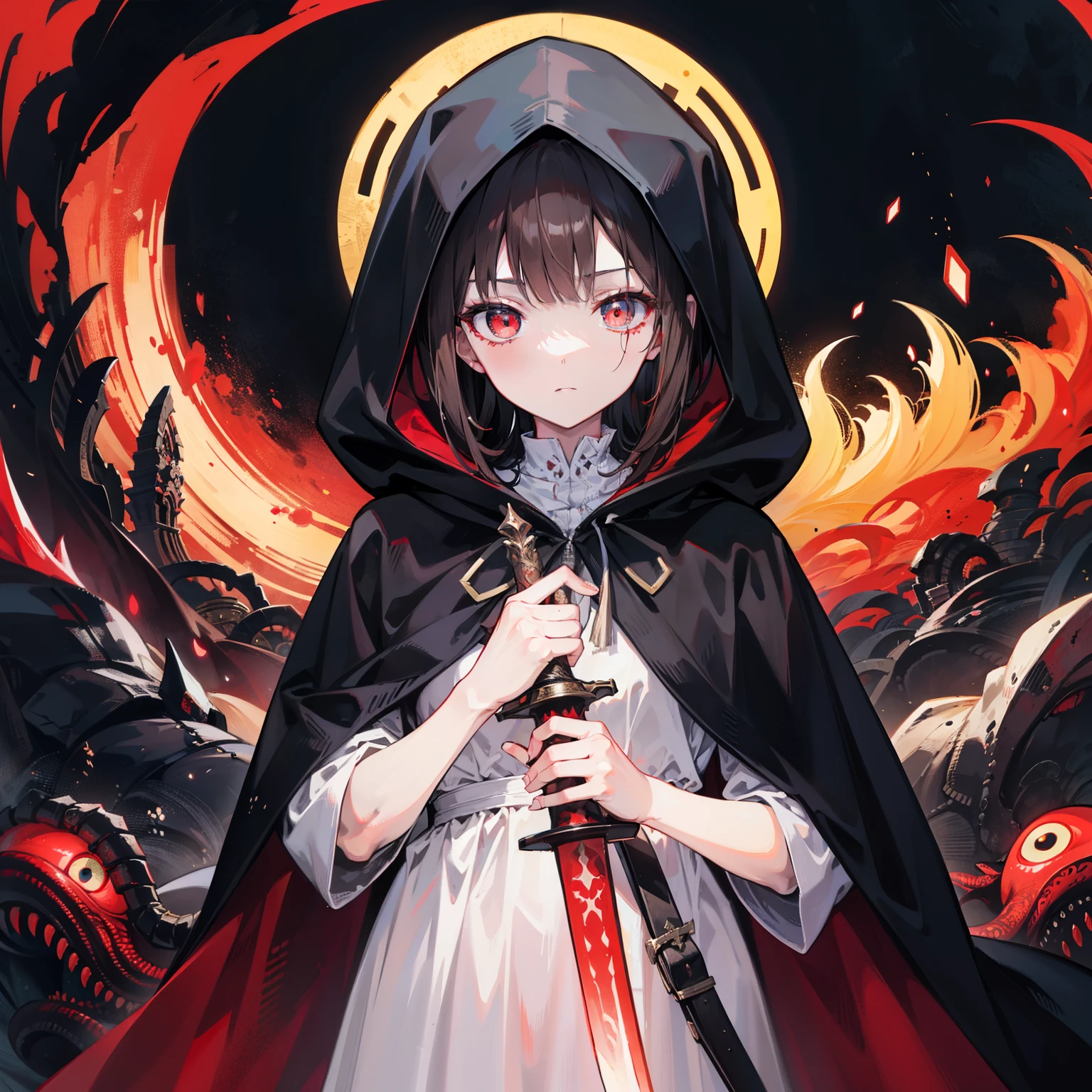 brunette color hair，Black hooded cloak，red pupils，Delicate facial features，Red religious motif decoration，Holding a long red sword，There are eyeballs at the hilt，Dark wind，Cthulhu，tmasterpiece