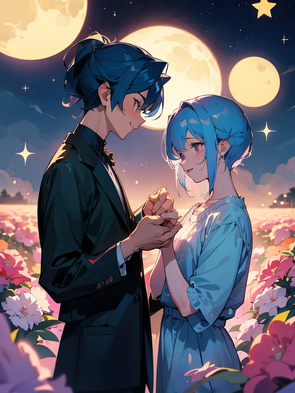 cartoon of two boys in cool positions standing together, ddlc, in the art style of 8 0 s anime, 9 0 s anime style, 90s anime style, in anime style, in an anime style, anime aesthetic, anime vibes, 9 0 s anime aesthetic, 9 0 s anime art style, lofi boys, beautiful background outside, background at night with stars and a moon, fairy lights, beautiful background in a floral garden with fairy lights at night, two cute boys, beautiful faces, two boys, don't extra hands, NO extra hands, generate two boys with NO extra hands, NO extra arm, the two boys has a short hairstyle, one boy has blue hair, the other boy has black hair, pretty faces, two cute pretty boys in smocking, with amazing smile, the two boys has a pretty smile,