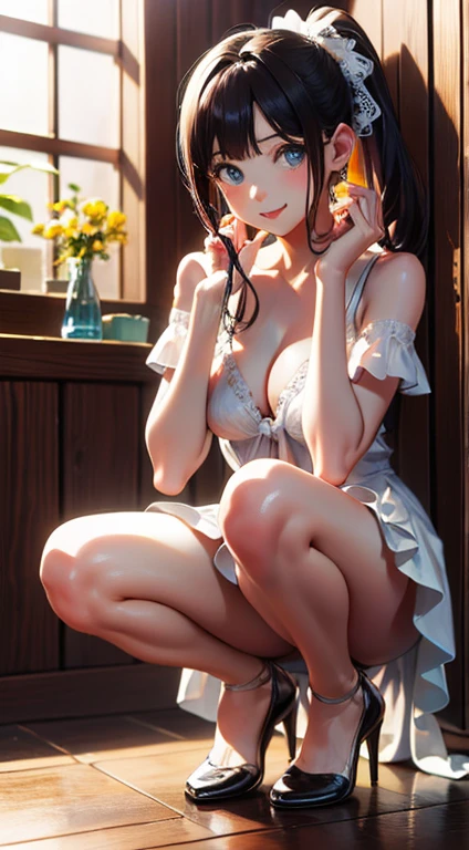 masterpiece, highest quality, One Girl, Thighs, beautiful girl, Small waist, Official Art, RAWphotograph,colorful、Bright lighting、Face Light, Ultra-realistic, High resolution, photograph, Bright lighting、, Highly detailed eyes and face,Symmetrical face, whole body、Large Breasts、Long Hair、チラリと見えるThighs、Beautiful cleavage、smile、lipstick、ponytail、whole body、Embarrassing、High heels、I try to embrace you with both hands、White Lace Sleeve Cyclo Mini Skirt、just out of the bath、Spread your legs